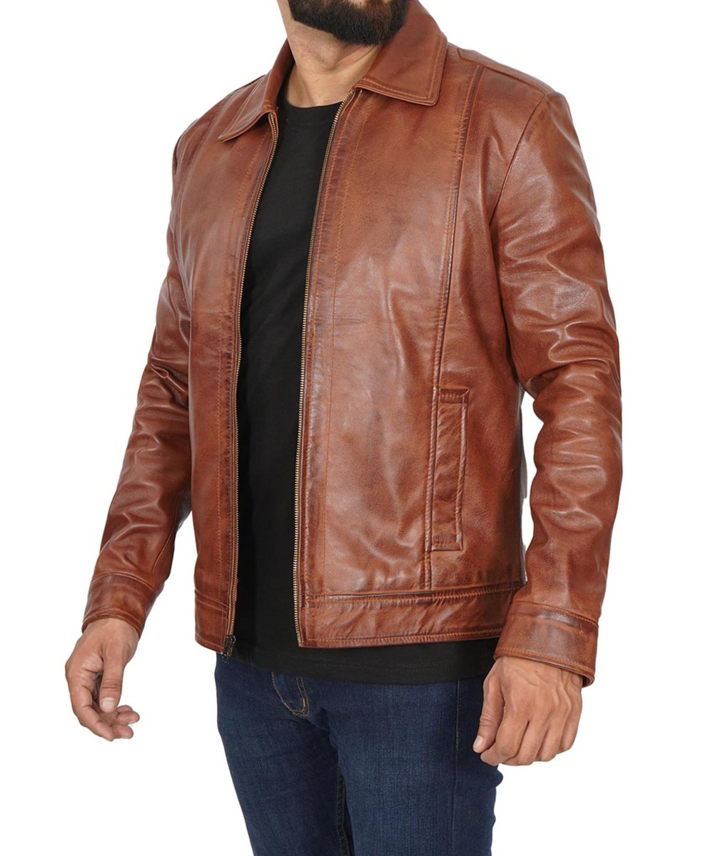 Mens Shirt Collar Brown Leather Jacket