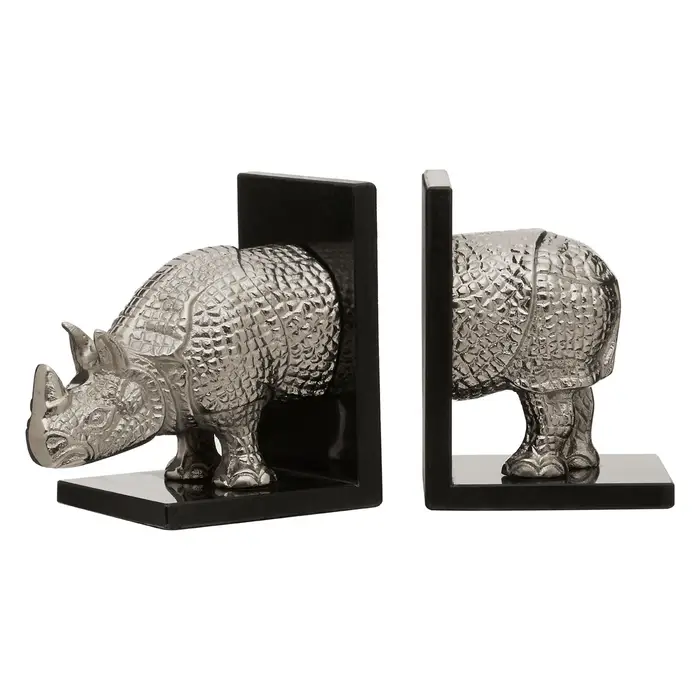 Silver Rhino Bookends �C Set of Two | Aluminium & Marble