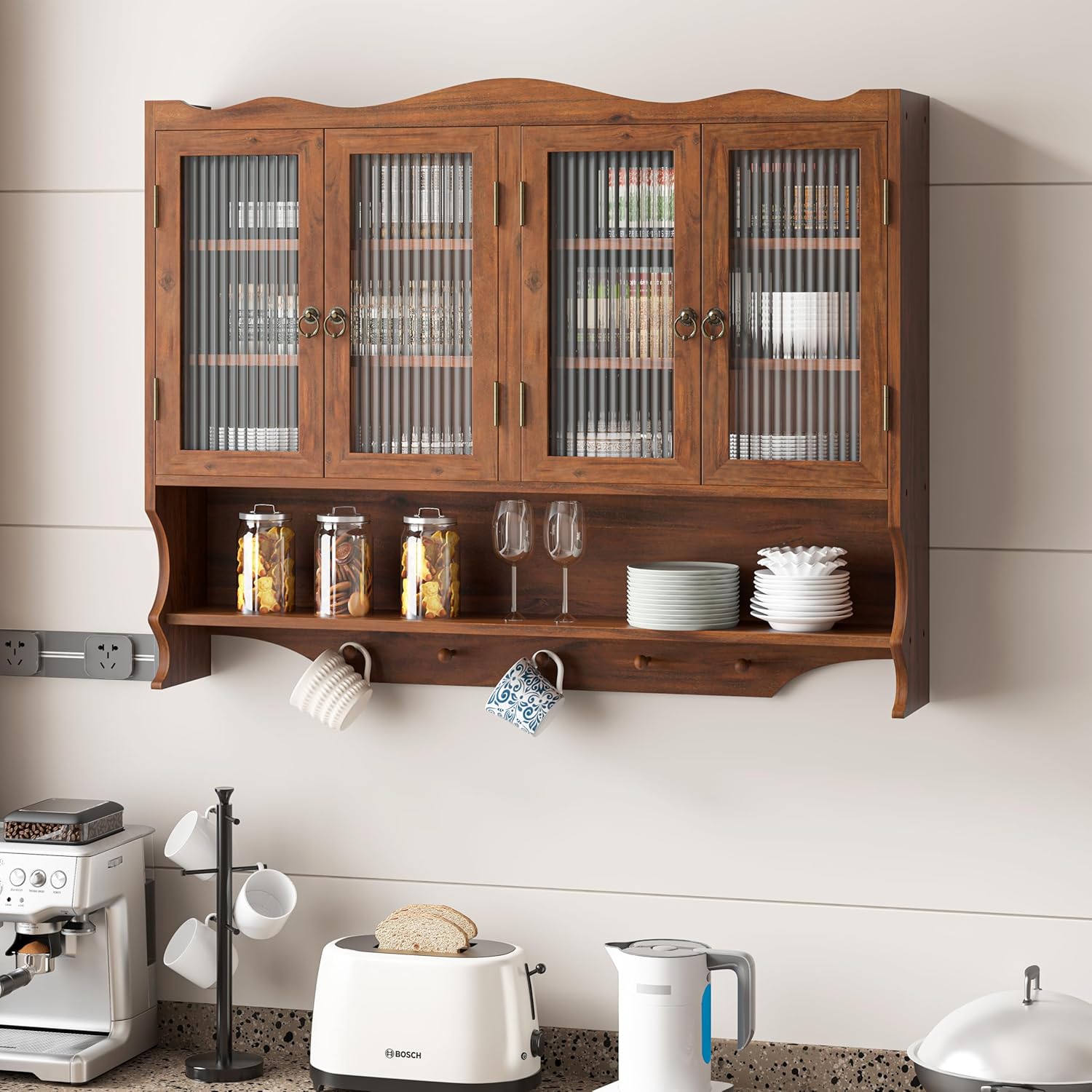 Vetrina sospesa da 100 cm, pensile da cucina, shabby chic, con 4 ante, due ripiani e listello aperto, adatto per bagni, cucine e sala da pranzo (marrone)
