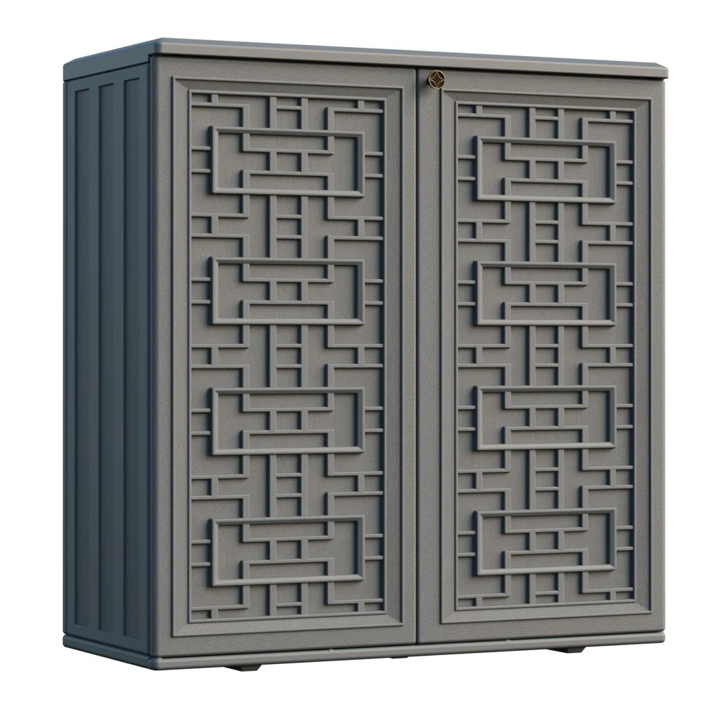 Indoor Outdoor Storage Cabinet Waterproof with Shelf, Off White Plastic Outdoor Cabinets for Patio/Garden/Backyard, Size 34.3''L*15''W*36.2''H