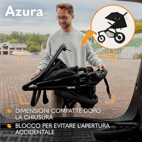 LIONELO AZURA Passeggino per Jogging da 6 mesi a 22kg Passeggino a Tre Ruote, Schienale Regolabile Completamente Reclinabile Grandi Ruote Gonfiabili Sospensione Completa Cappottina XXL : Prima infanzia
