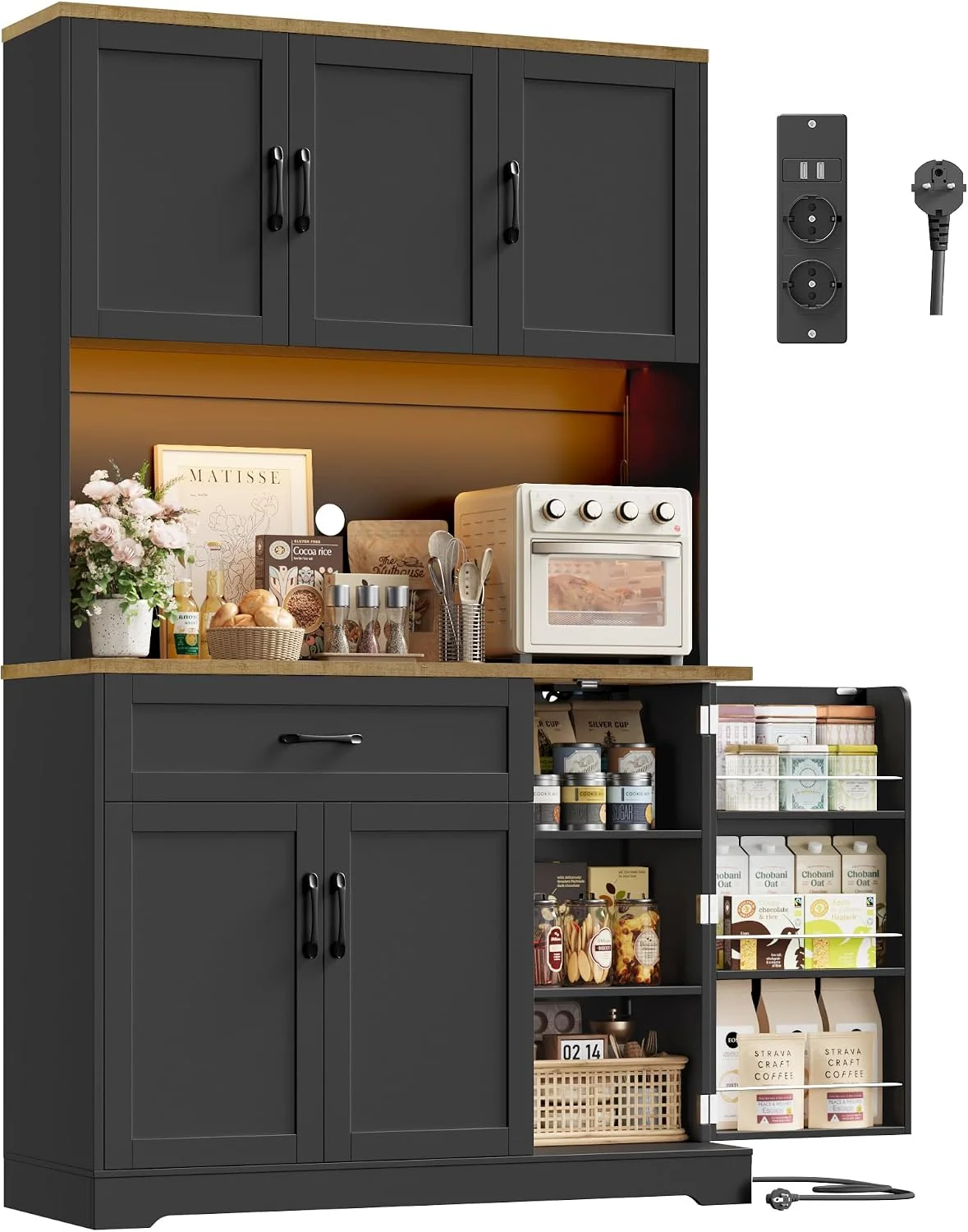 FirFurd Küchenschrank, Buffetschrank mit LED, Gewürzregal, Steckdosenleiste