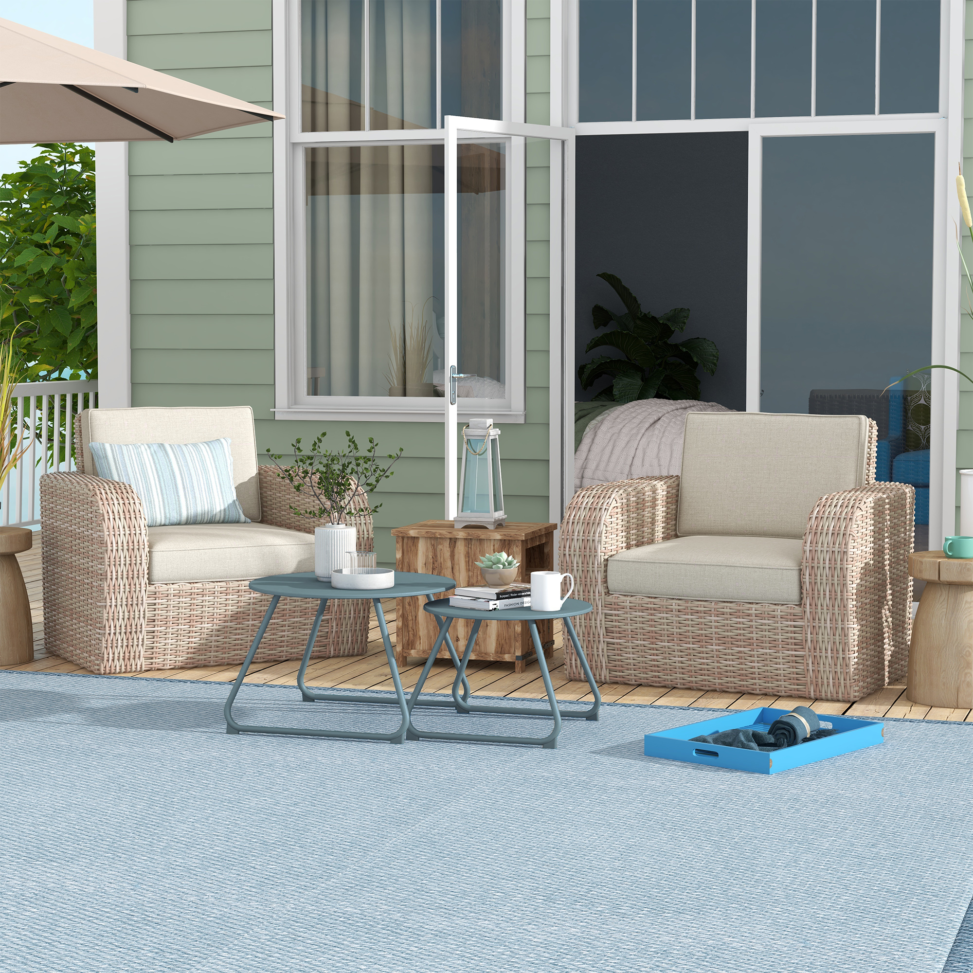 Outsunny Set aus 2 stapelbaren runden Gartencouchtischen aus epoxidbeschichtetem Metall, stabiler Beistelltisch für den Außenbereich, Blau