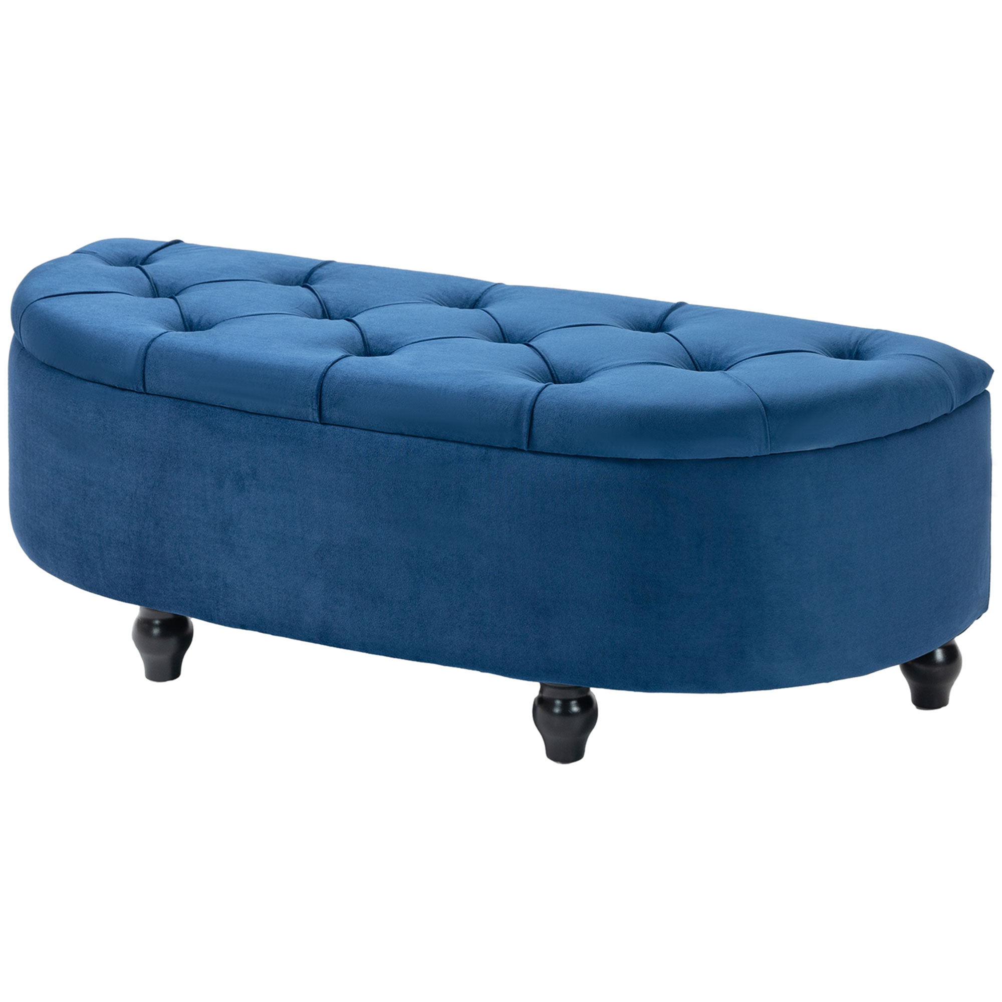HOMCOM Hocker mit Stauraum 2 in 1 - Gepolsterter halbrunder Hocker - Schwarze Kautschukholzfüße, blauer Samtbezug
