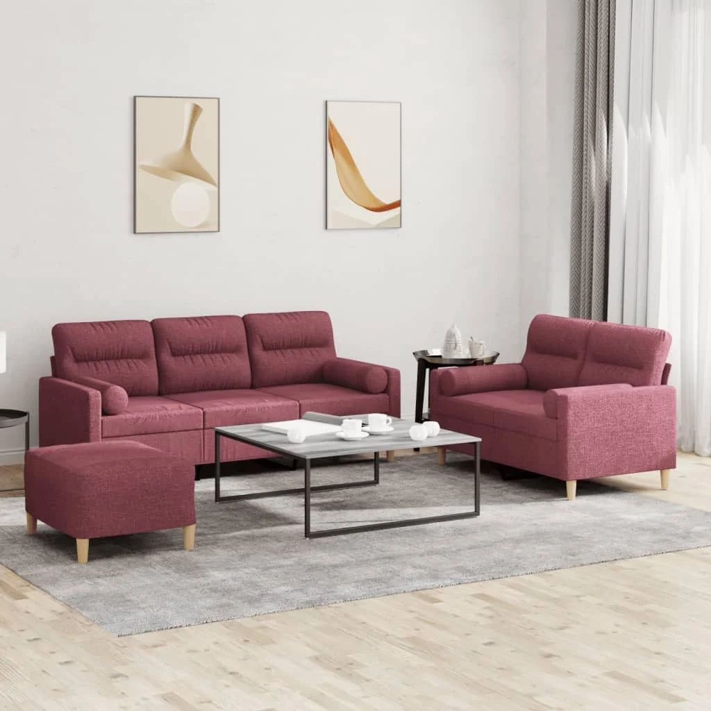 3-TLG. Sofagarnitur Weinrot Stoff Polstergarnitur mit 2-Sitzer, stabilem Gestell für Wohnzimmer, Fußhocker, Zierkissen, Gästezimmer, 3-Sitzer