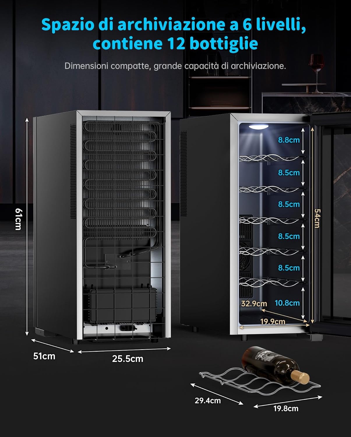 WIE Cantina Vino, 18 Bottiglie Cantinetta Vini, Cantina Frigo per Vino, Cantinetta Vino Refrigerata con Vetri Anti UV, Controlli Touch, Display LED, Ripiano Rimovibile, Basso Rumore, 5-18℃, 53L
