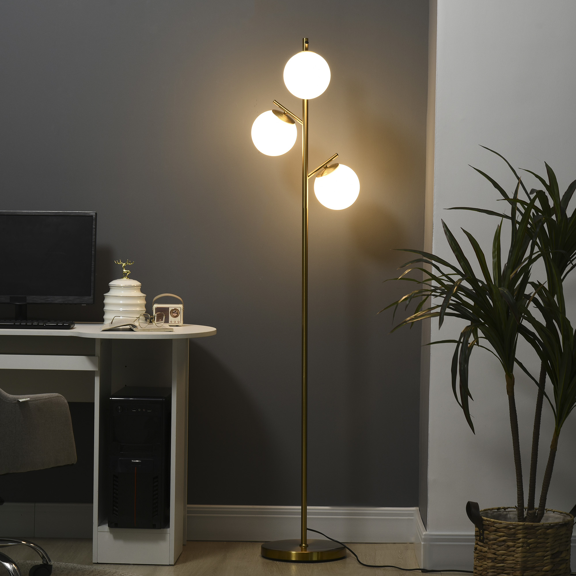 HOMCOM Stehleuchte im Retro-Design, Stehlampe, Stehlampe mit 3 Lampenschirmen, Glas, Gold