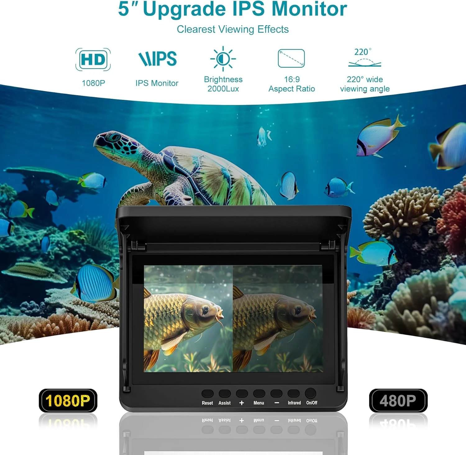 Underwater Fishing Camera with Infrared Night Vision Light, Portable with 100ft Cable, 5 Inch LCD and Upgraded HD Lens