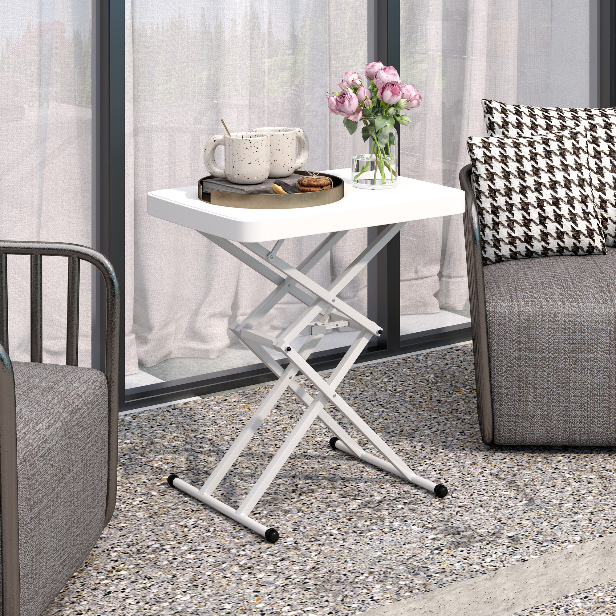 Outsunny Gartentisch, Tragbarer Tisch für den Außenbereich aus Kunststoff und Metall, Bistrotisch, für Terrasse, Garten, Weiß