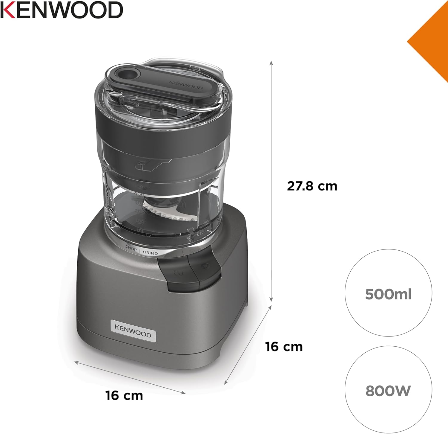 Kenwood Chopper CHP61.100WH, Potenza 500W, Ciotola da 0.5L, 2 velocità, Sistema a quattro lame, Anello antiscivolo per la stabilità del tritatutto, Lavabile in Lavastoviglie, Bianco/SIlver