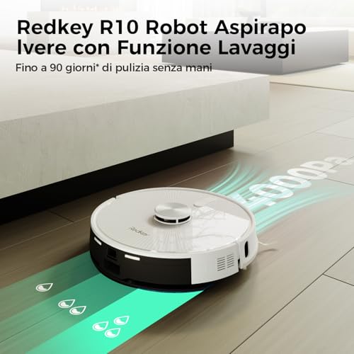 Redkey R10 Robot Aspirapolvere Lavapavimenti con Mappatura,Navigazione LiDAR, Con stazione di aspirazione e funzione di lavaggio, 4000Pa Potente Aspirazione, 150min, Controllo APP : Casa e cucina