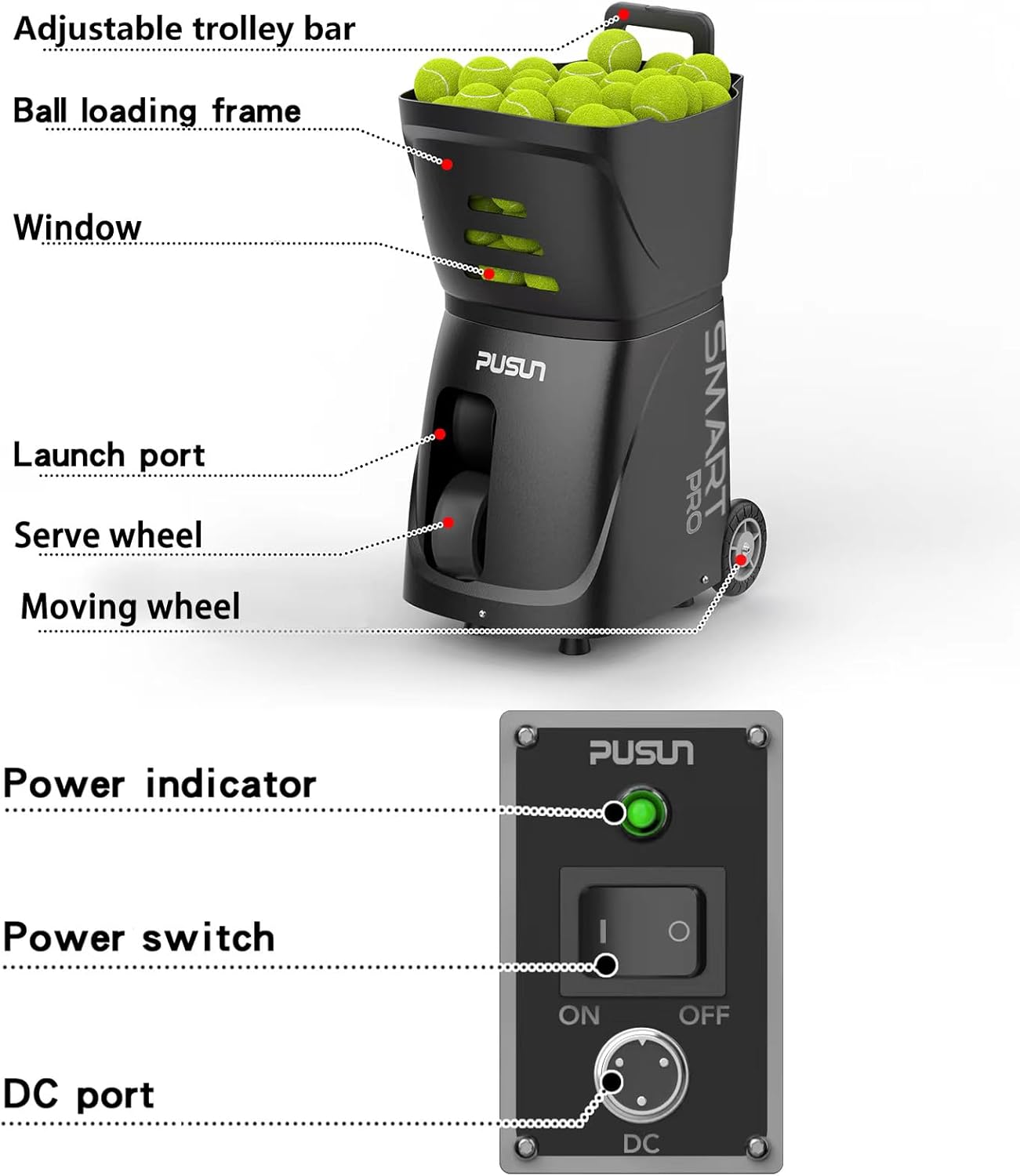 PT-SMART Pro Tennisballmaschine - Premium Trainingsgerät mit APP-Steuerung (App für Watch), 20 Landepunkte & 12 Modi, Tennis Trainer (4-6 Std. Laufzeit)
