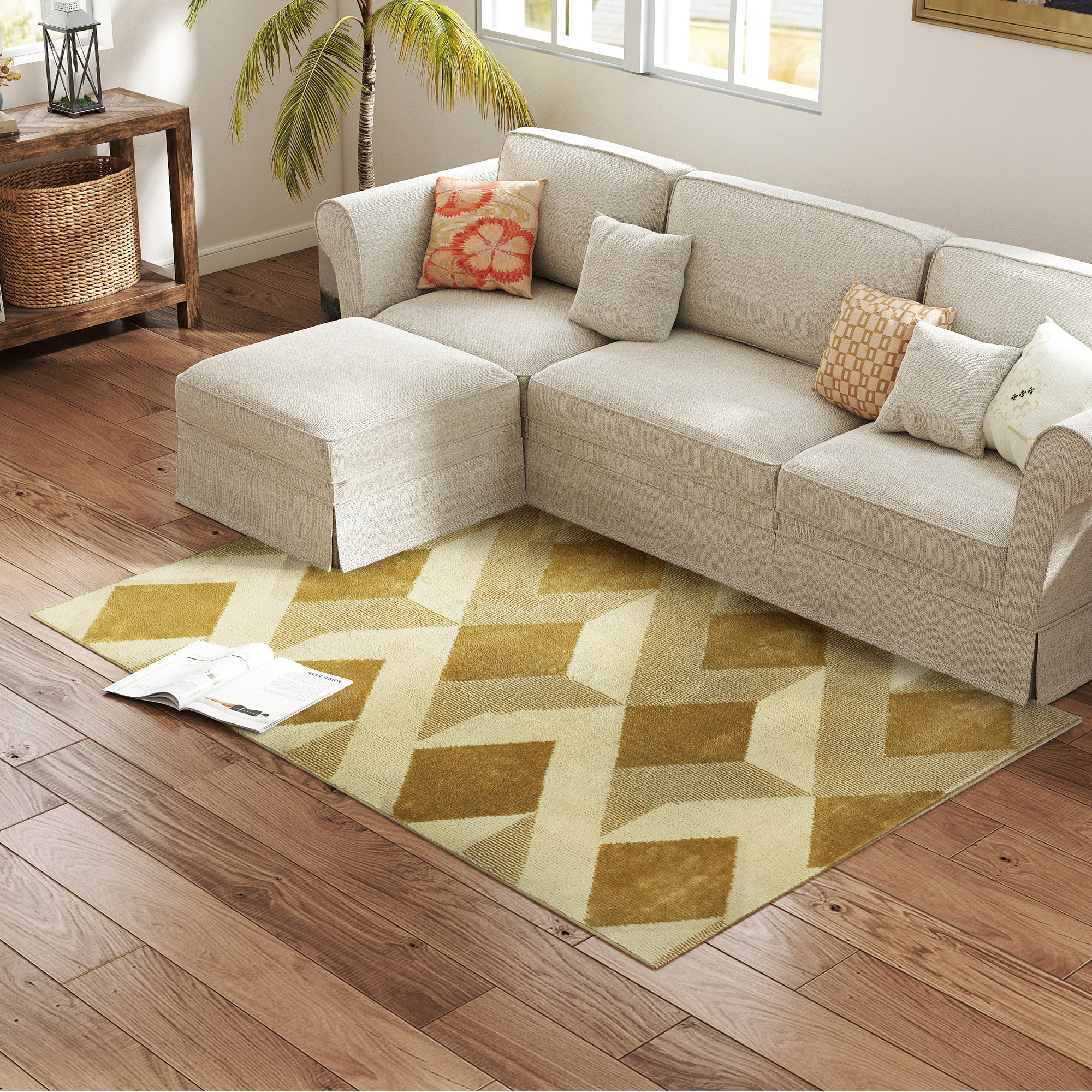 HOMCOM Teppich Wohnzimmer 170 x 120 cm Kurzflor, maschinenwaschbar, hypoallergen, für Wohnzimmer, Schlafzimmer, Büro, Gelb