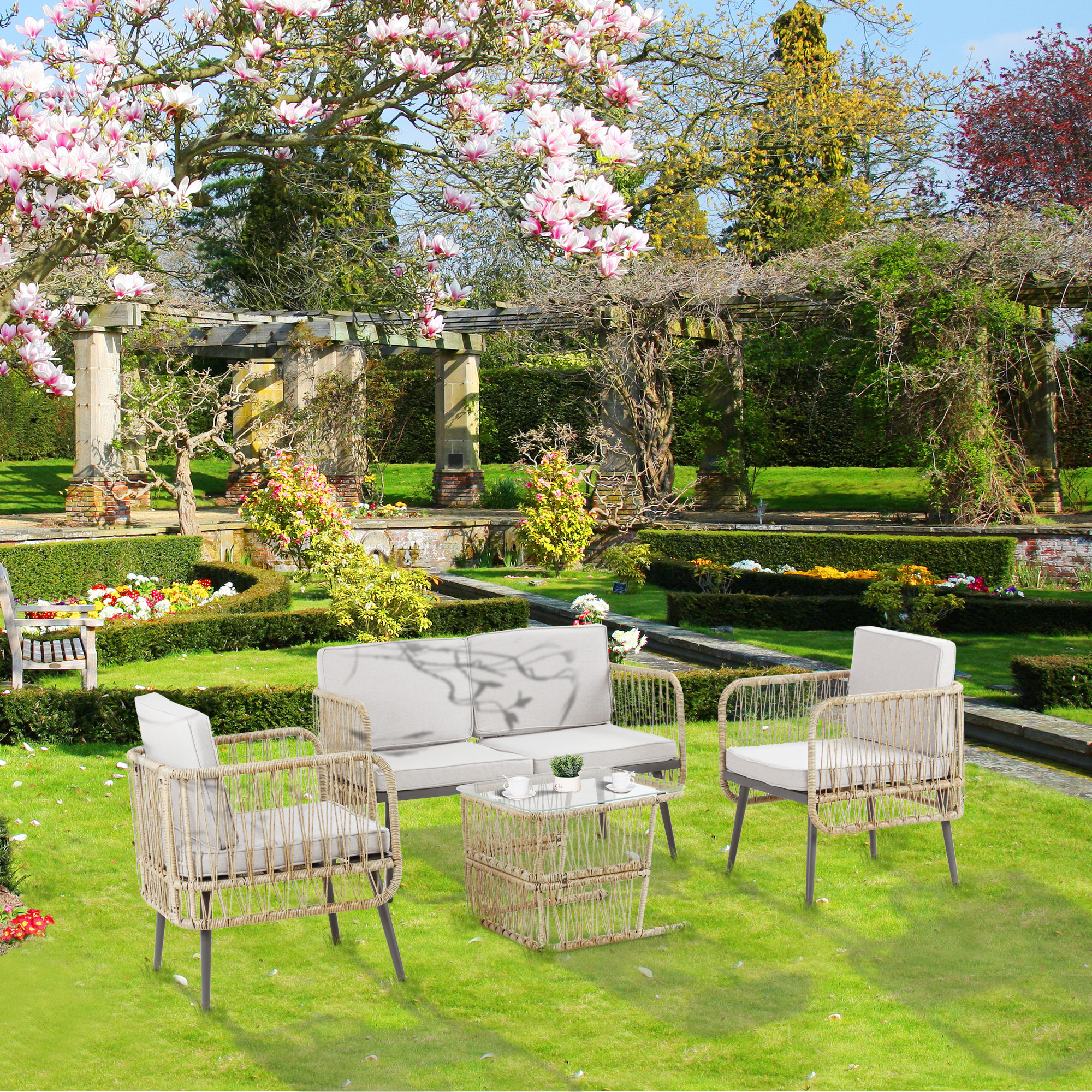 Outsunny Gartenmöbelset 4-teilig Sofa 2-Sitzer + 2 Sessel + 1 Couchtisch mit gehärteter Glasplatte 8 Kissen - Metall und PE-Rattan - Beige