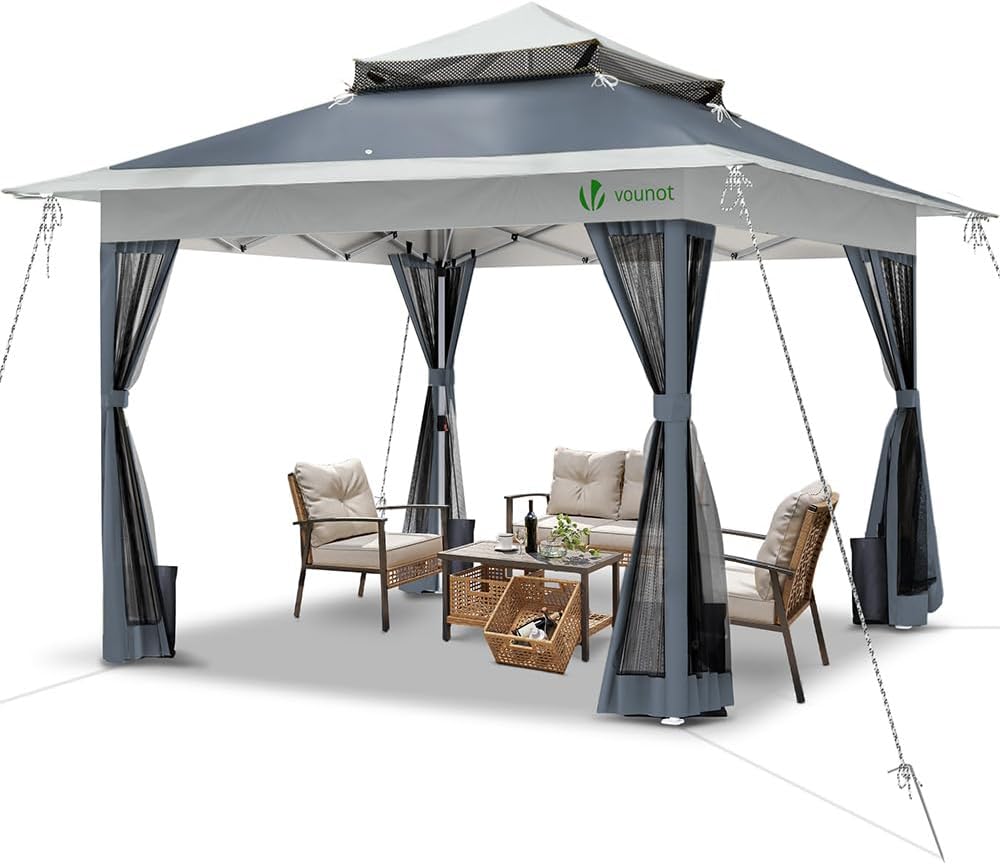 VOUNOT? 3.6 x 3.6 m Folding Gazebo with 4 Mesh Side Parts, Garden Gazebo Pop Up Pavilion Tent Double Roof with Weight Sand Bags and Transport Bag, Beige