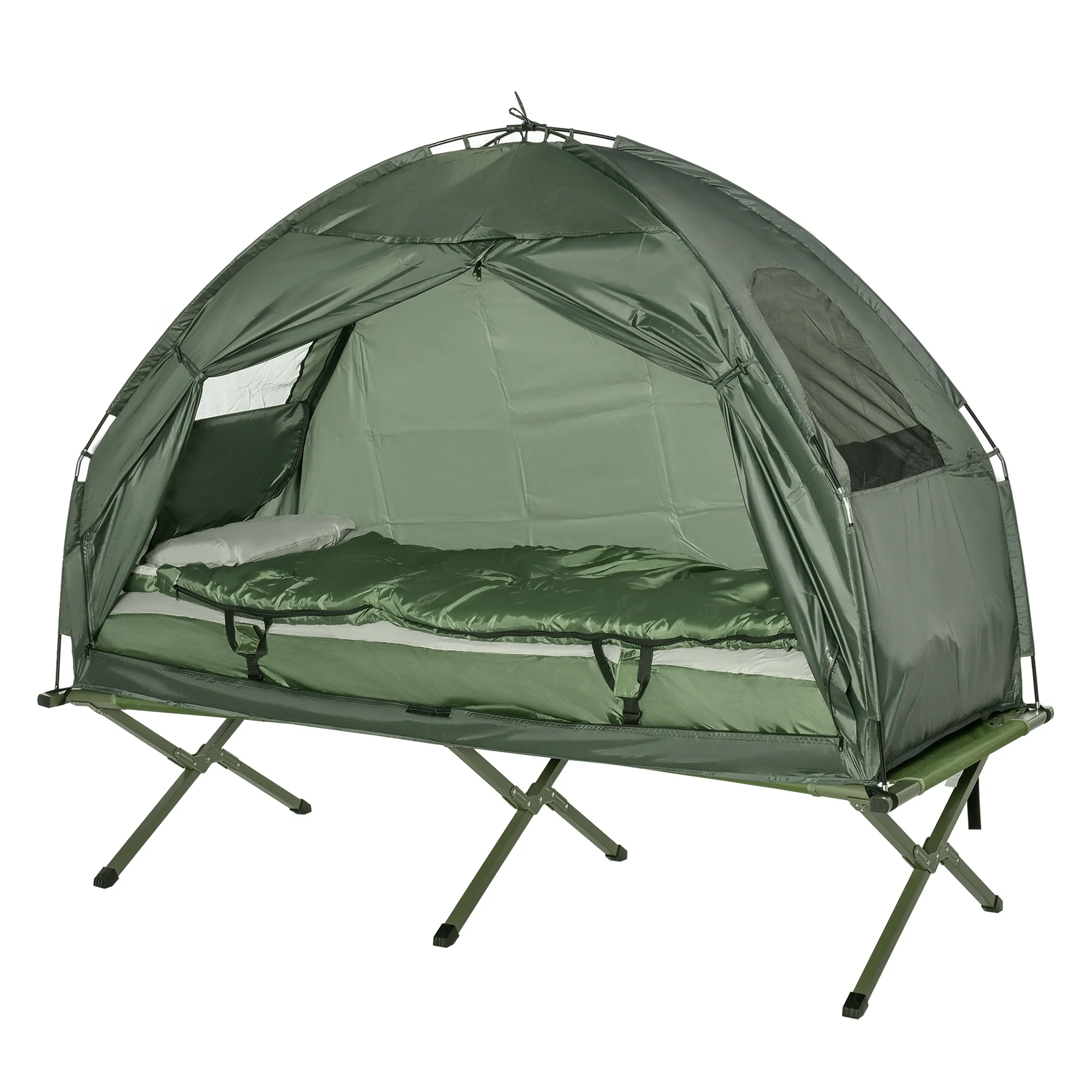 Outsunny Campingbed voor volwassenen - 4-in-1 set met tent, slaapzak, matras en waterdichte comfortabel opvouwbare, donkergroen
