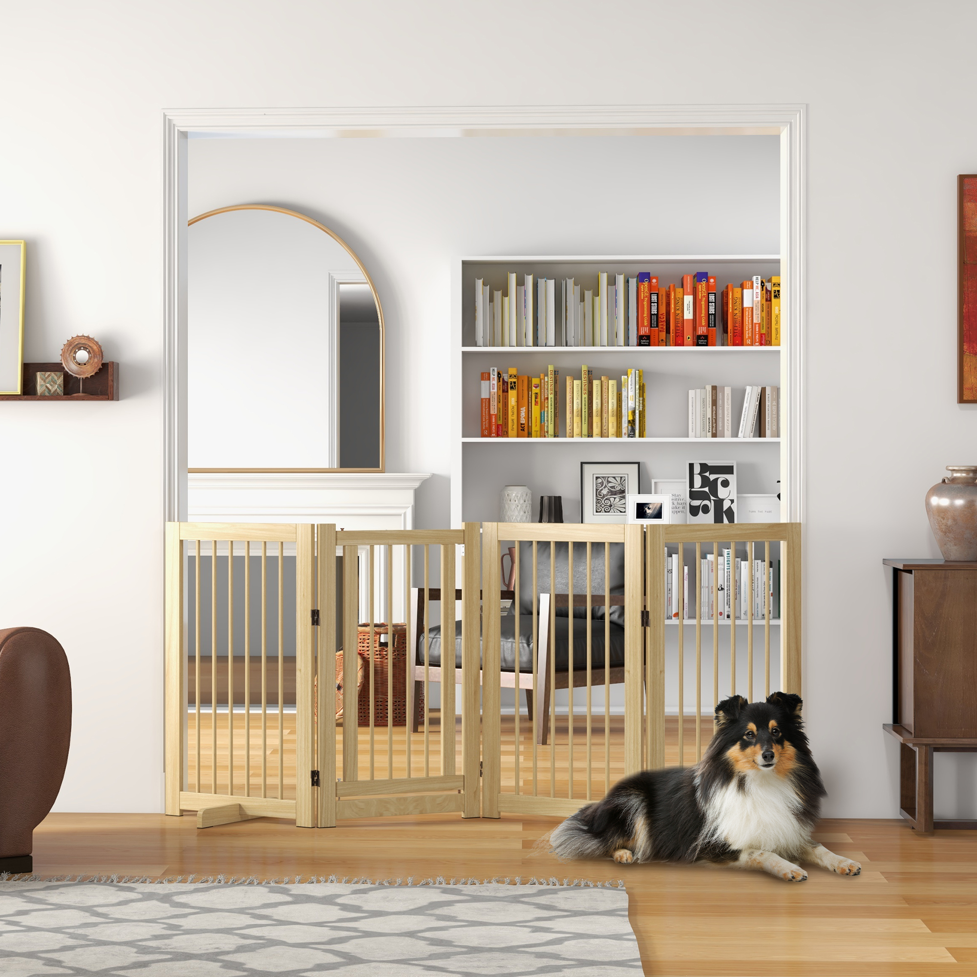 PawHut Hunde-Absperrgitter, freistehend, klappbar, Tür & Füße, Holzrahmen, 220x36x91cm