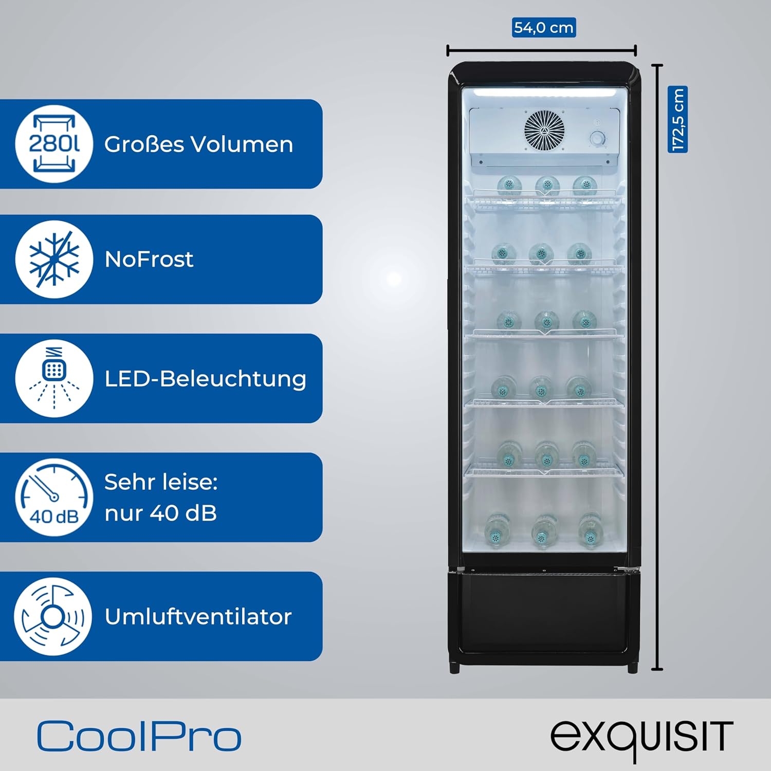 Exquisit Glastürkühlschrank, 280l Getränkekühlschrank mit LED, Umluft, 5 verstellbare Ablagen, CoolPro, GKS5260-GT-431D schwarz