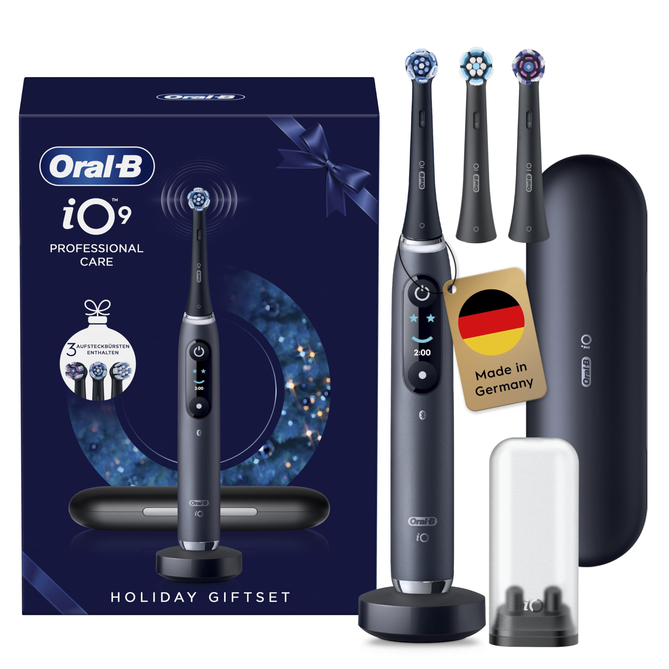 Elektrische Zahnbürste iO Series 9 mit 7 Putzmodi, 3 Aufsteckbürsten, Lade-Reise-Etui und Ladestation in Schwarz