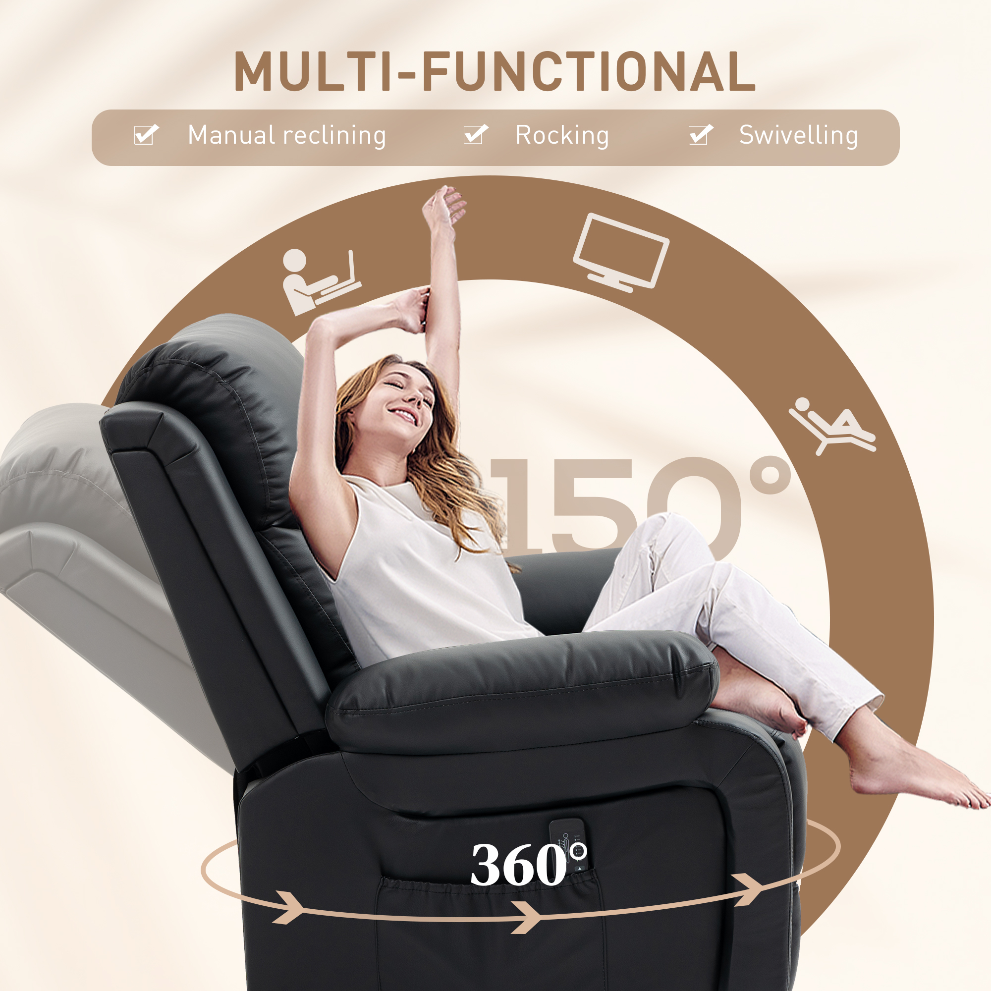 Massagestoel met 8 trillingskoppen, relaxfauteuil, verstelbare rugleuning en voetsteun, zwart