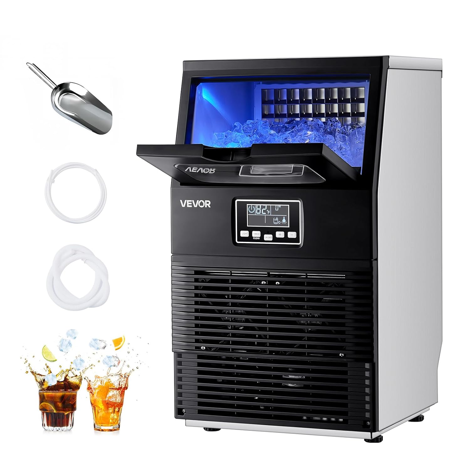 VEVOR Macchina per Cubetti di Ghiaccio Commerciale, Fabbricatore per Cubetti di Ghiaccio da 36 kg/giorno con Capacità di 5 kg da Pavimento da Tavolo in Acciaio Inox con Display LED Autopulente