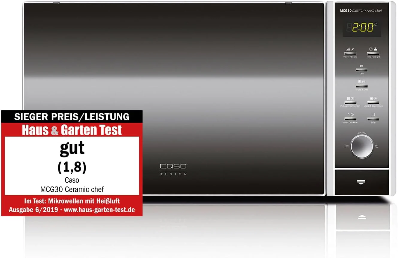 CASO MCG30 Ceramic chef Testsieger Haus & Garten Test, 3in1 Mikrowelle mit Grill + Hei?luft 2100W 30L, Borosilikatglasboden, Backofen-Funktion bis 200��C