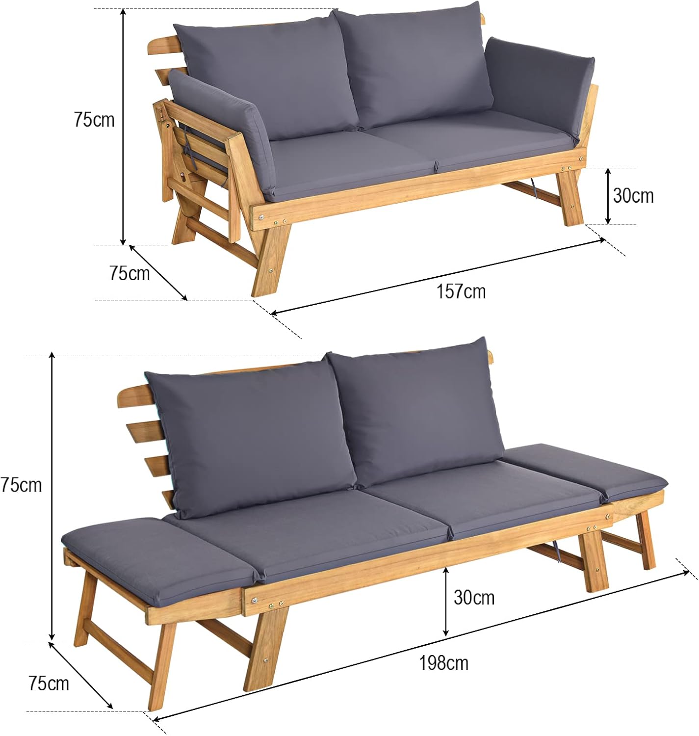 GIANTEX Gartenbank mit Liegefunktion, Gartensofa mit klappbaren Seitenlehnen, Balkonbank mit Auflagen, Sitzbank Outdoor aus Akazienholz, Loungesofa 3-Sitzer, Liegesofa für Balkon Garten Terrasse | 3-in-1-Design