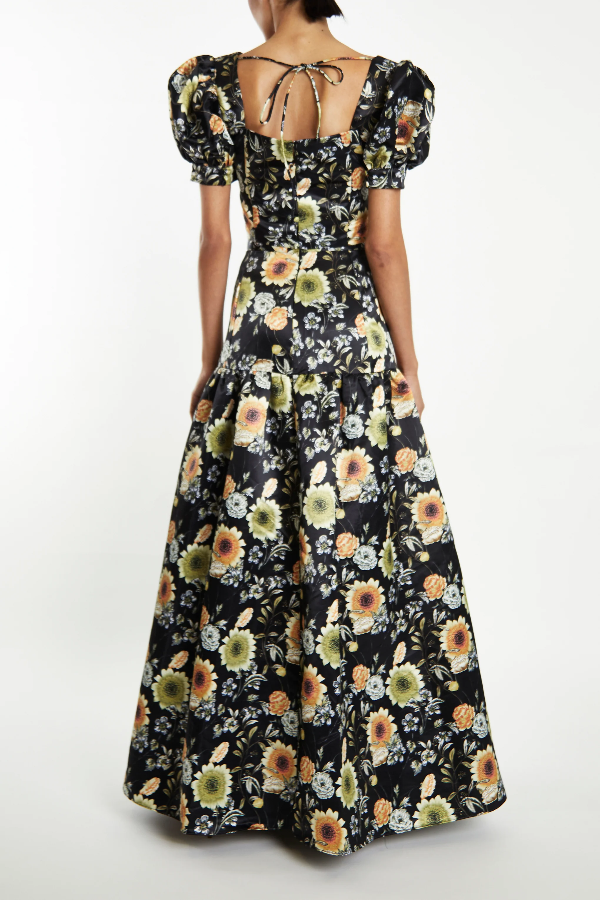 Polly Co-Ord Black-Mustard-Flower Puff-Sleeve Tie-Back Crop-Top