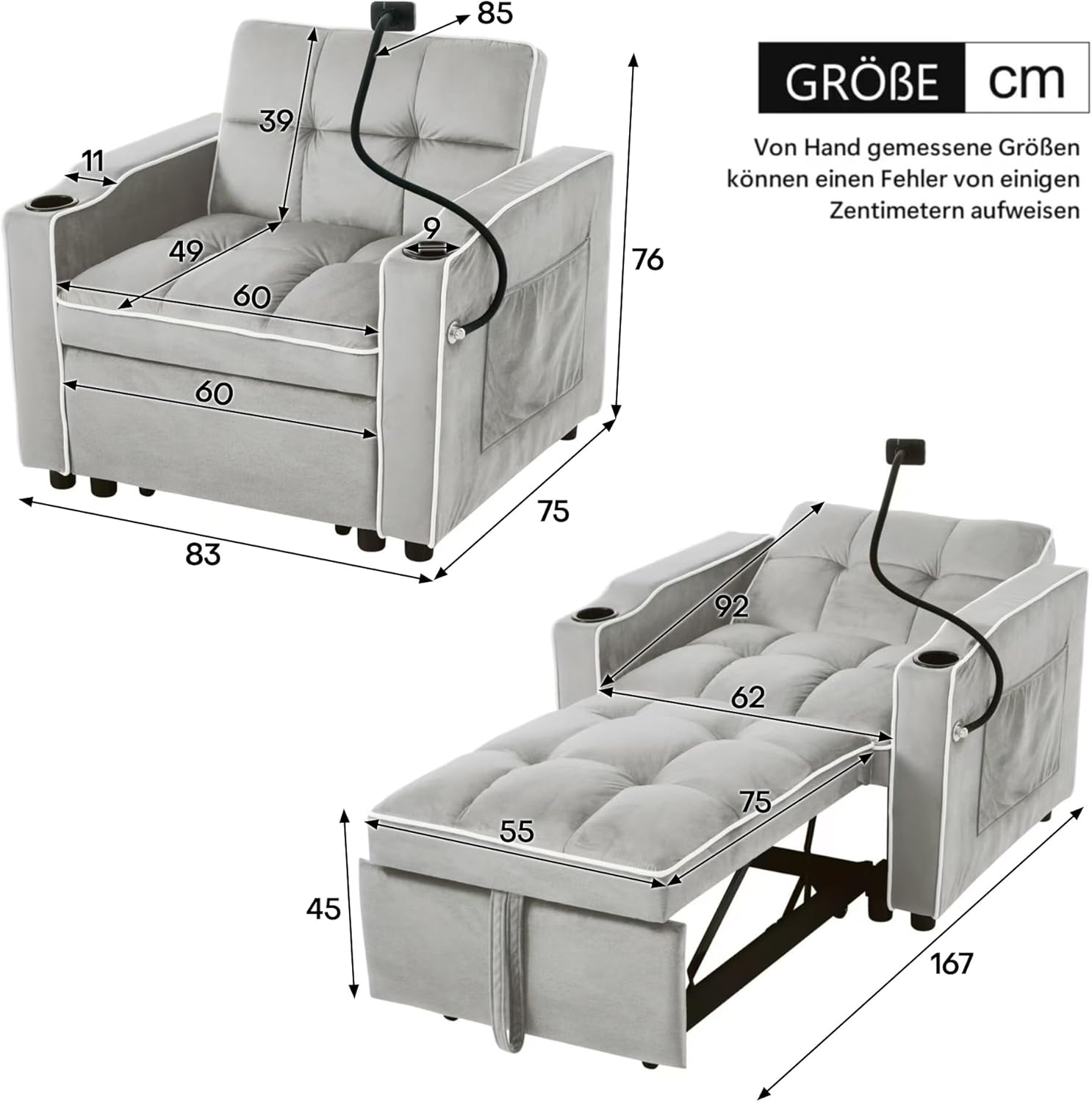 Wiuzo Divano letto singolo allungabile 3 in 1, con portabevande e supporto per cellulare, poltrona reclinabile, sedia da riposo, poltrona, 83 x 167 x 76 cm (grigio antico)