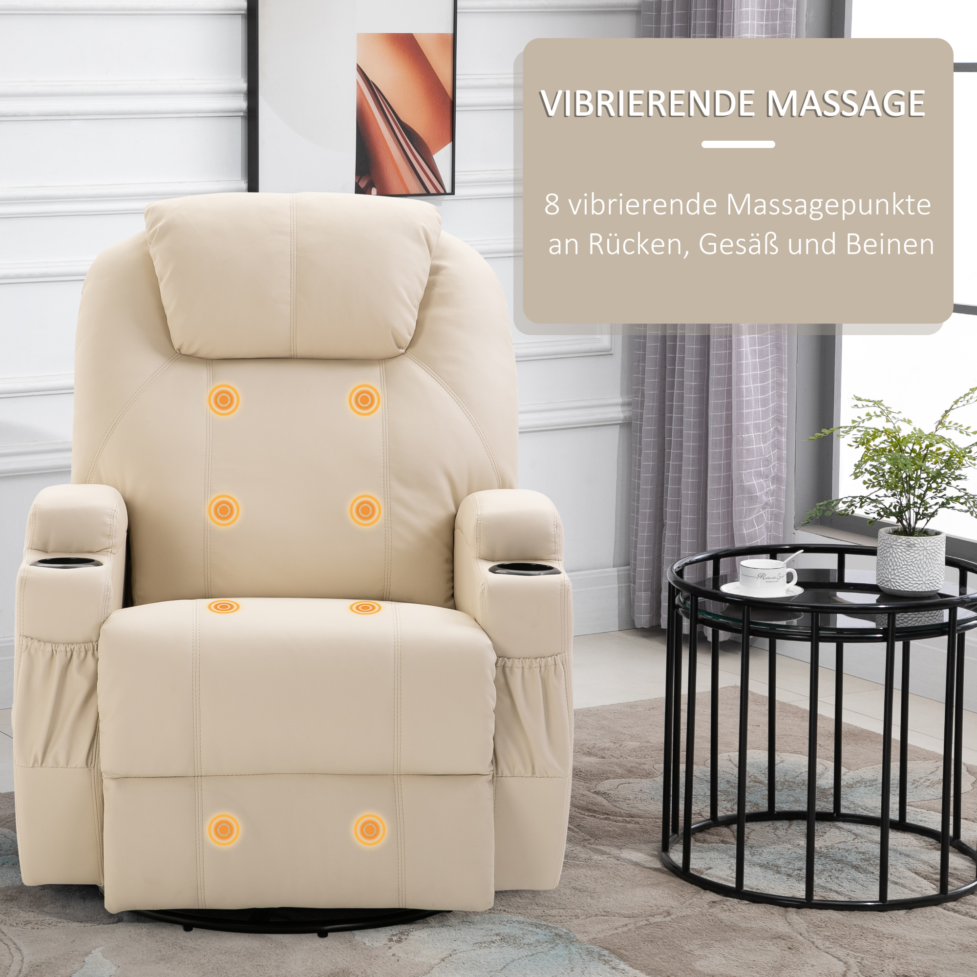 massagestoel, relaxstoel, tv-stoel massagefunctie 5 massagestanden ligfunctie PU-leer hout metaal schuimstof cr��mewit 82 x 97 x 110 cm