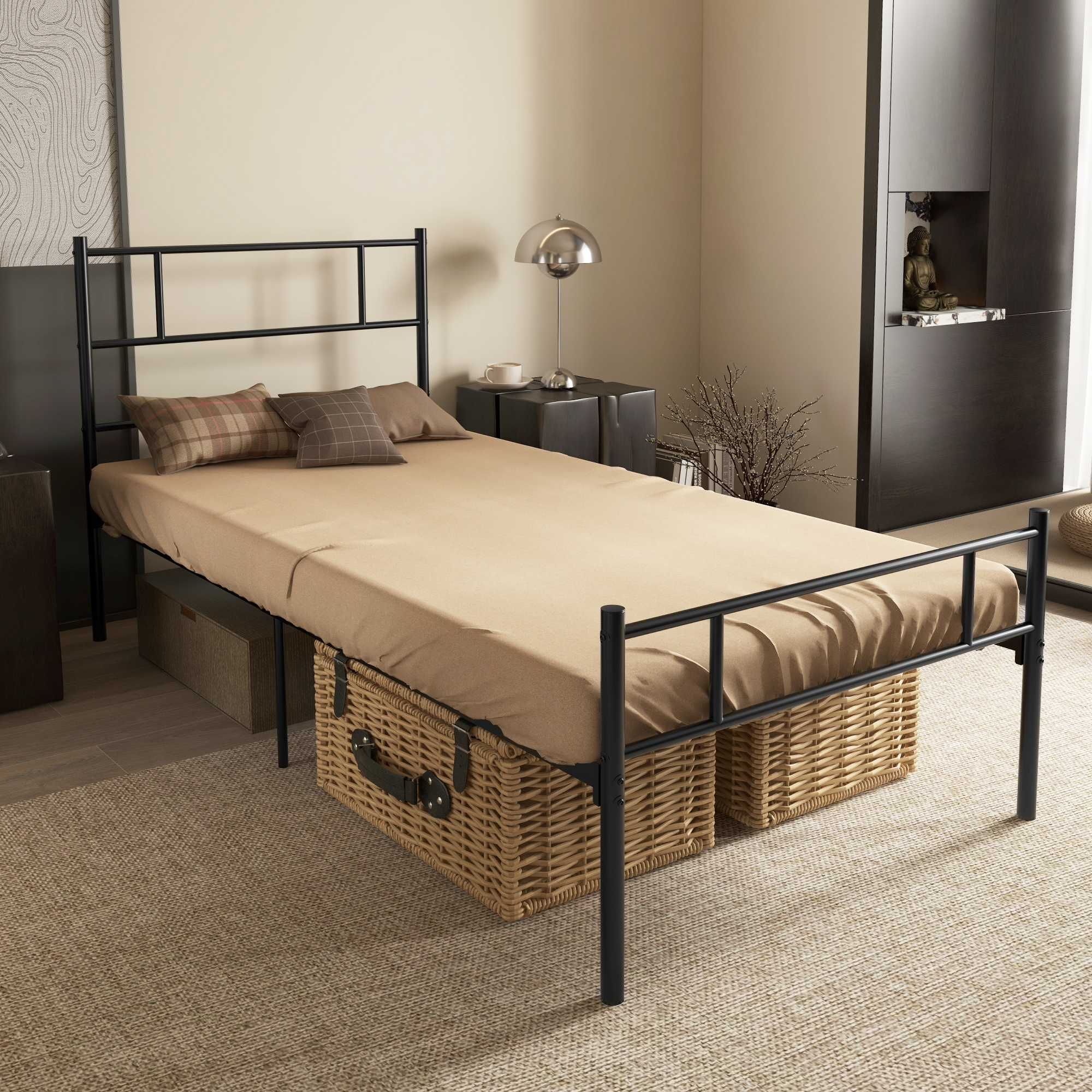 HOMCOM Bettrahmen 90 x 190 cm mit Stahl-Lattenrost, Kopf- und Fußteil, Höhe 31 cm mit Stauraum unter dem Bett