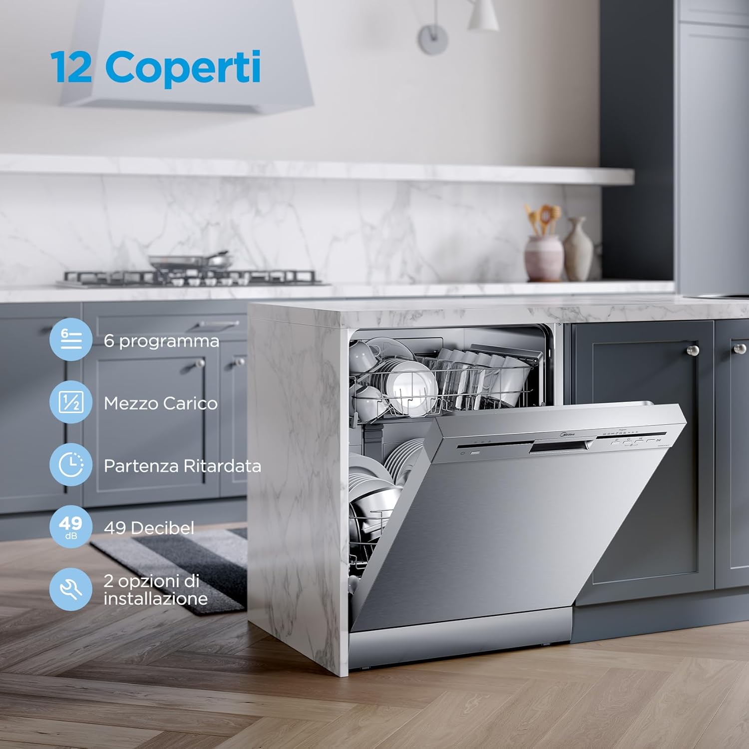 Midea MFD60S200X.1-IT Dishwasher Freestanding with 14 Places, 8 Programs, LED Display, Delay Start, Half Load Function, Extra Drying - Stainless Steel