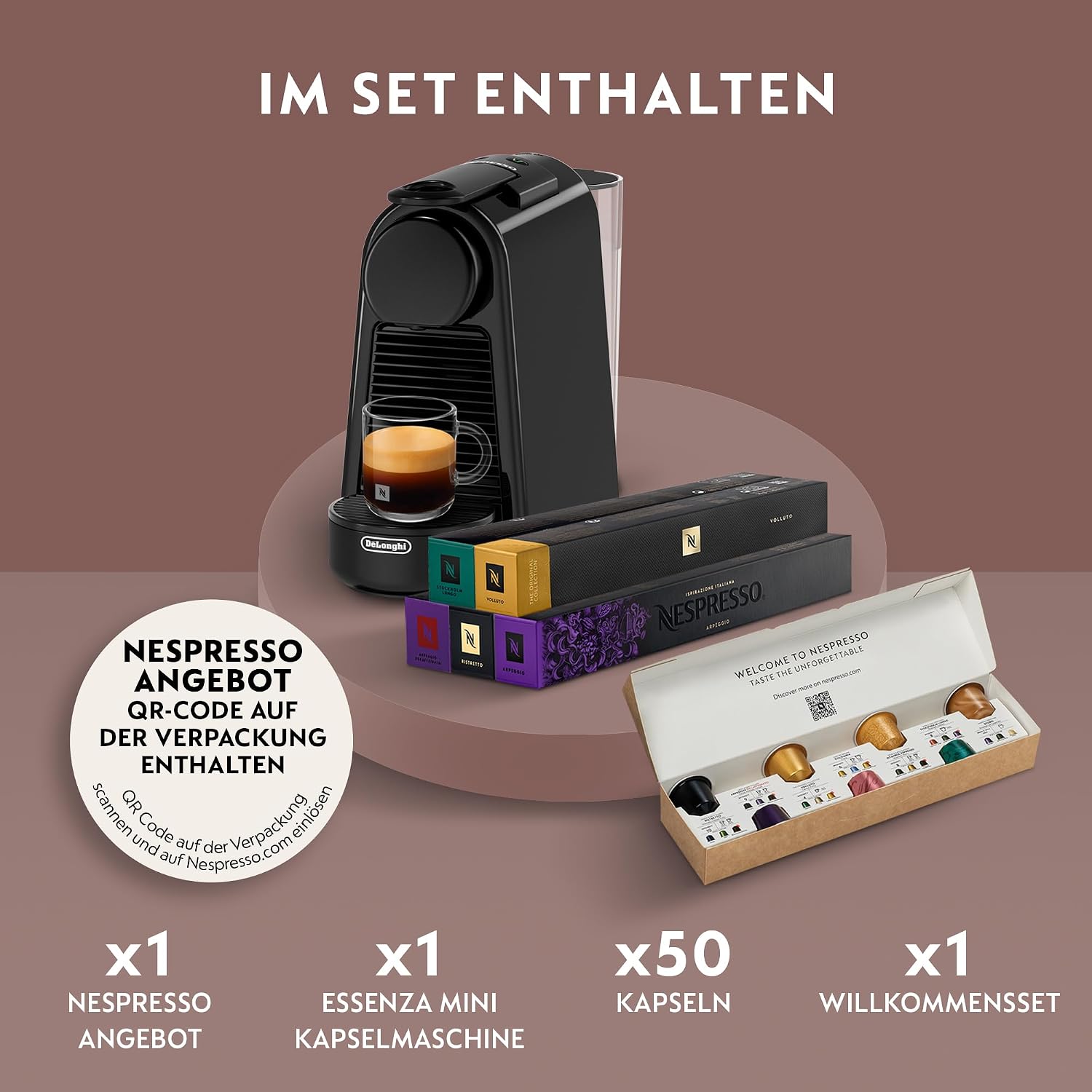 De'Longhi Nespresso Essenza Mini EN85.B + 5 confezioni diverse di capsule di caffè, Sistema Capsule Nespresso, Serbatoio acqua 0.6L, Design Compatto, Pressione 19 Bar, 1150W, Nera
