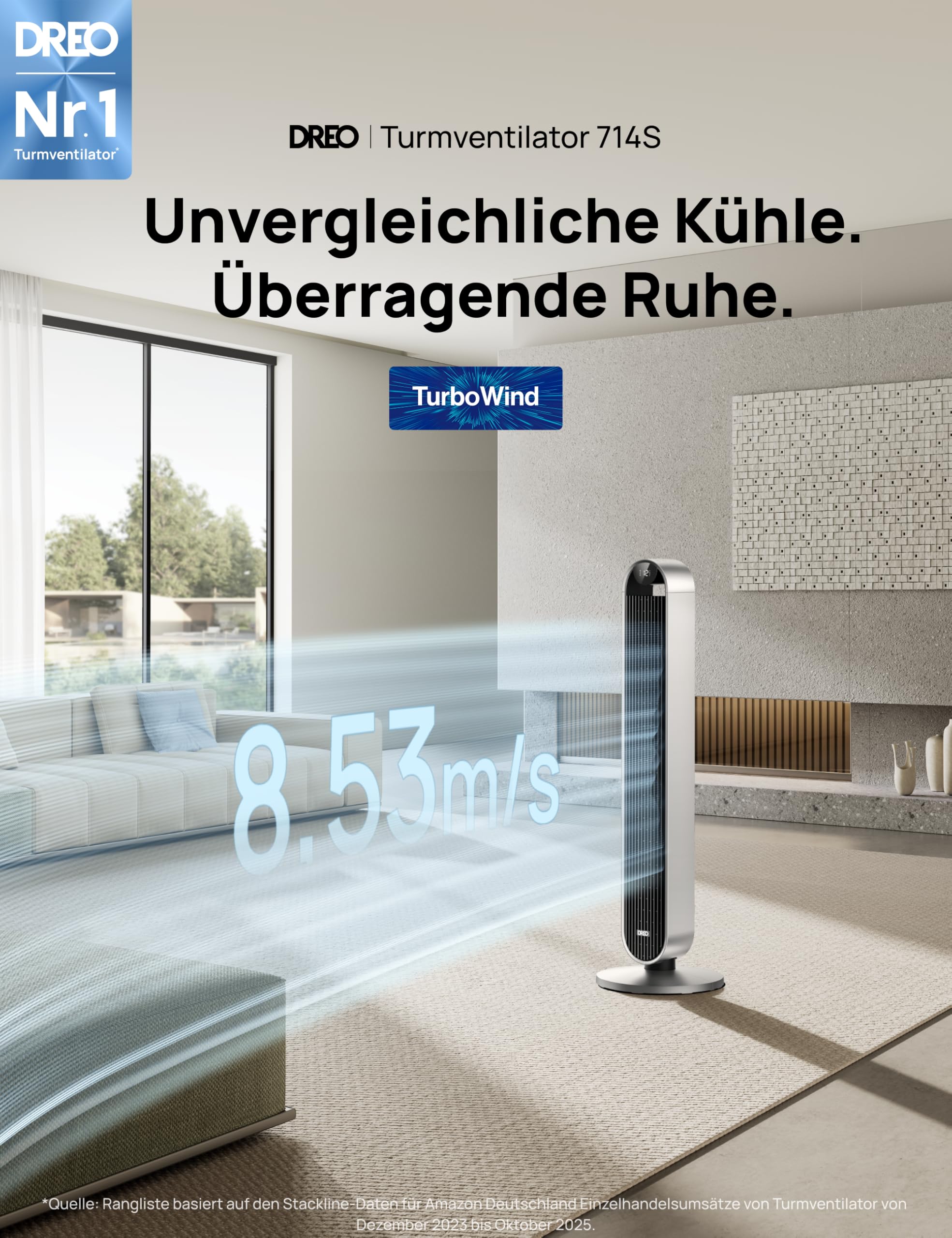 DREO Smart Turmventilator 120 Grad oszillierend 25dB Fernbedienung 12 Geschwindigkeiten 4 Modi Pilot Max S