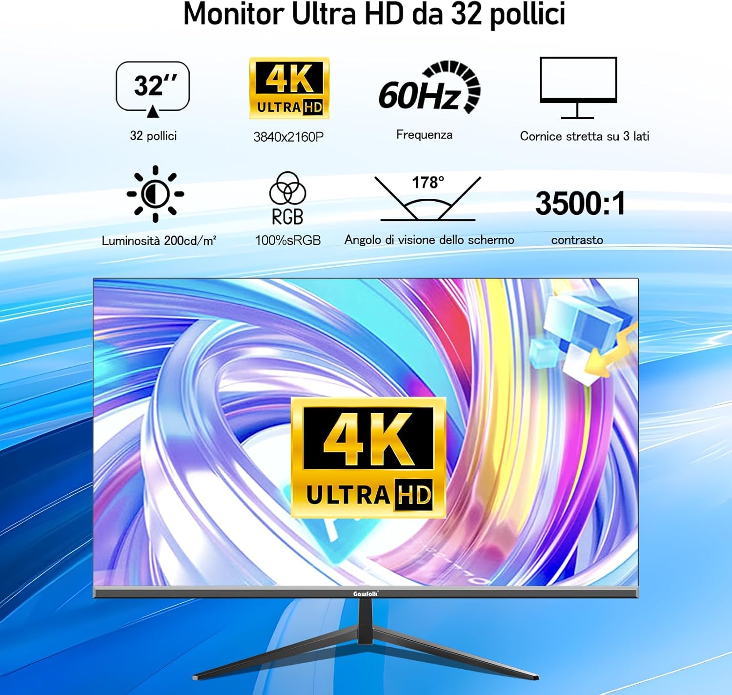 Gawfolk Monitor per computer 32 pollici 4K UHD, schermo ultra chiaro (3840×2160p), 100% sRGB, angolo di visione di 178 °, HDMI, porta display, compatibile con montaggio a parete 100 * 100 mm - nero