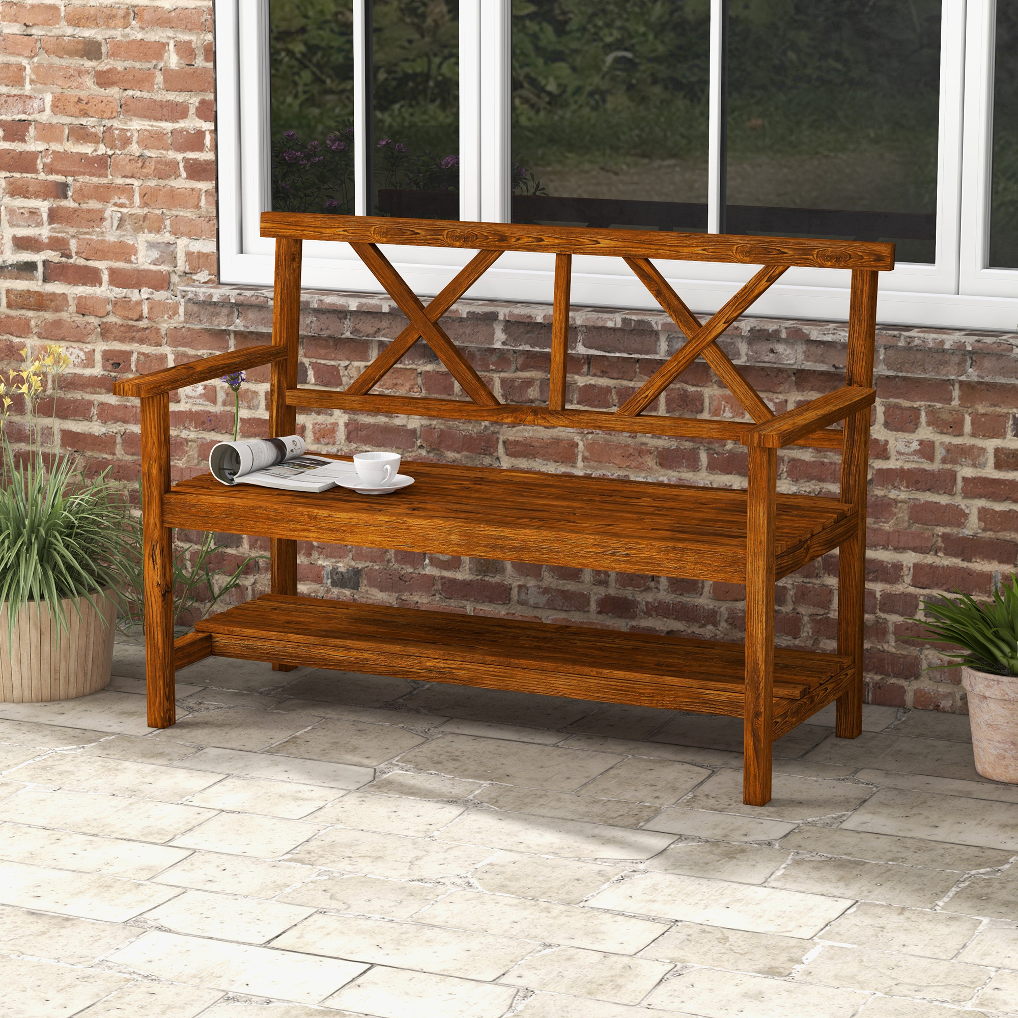 Outsunny Gartenbank 2-Sitzer aus Holz mit Regal und Armlehnen, 125x58x88cm, Holz