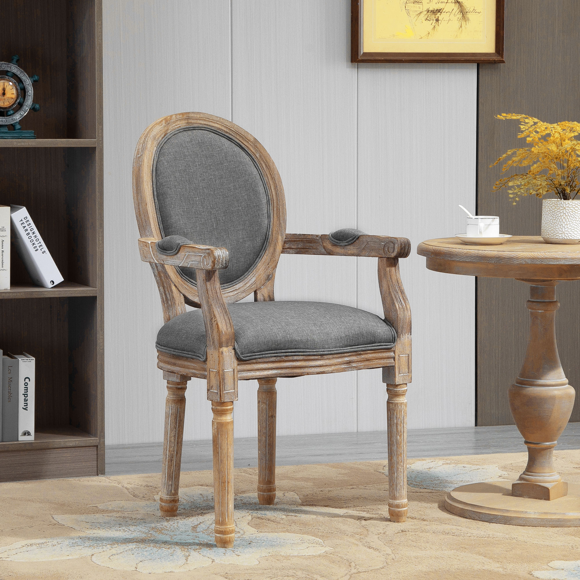 HOMCOM Stuhl für Esszimmer Wohnzimmer Medaillon im Louis XVI-Stil Massives Kautschukholz patiniert geschnitzt Leinenstoff Grau