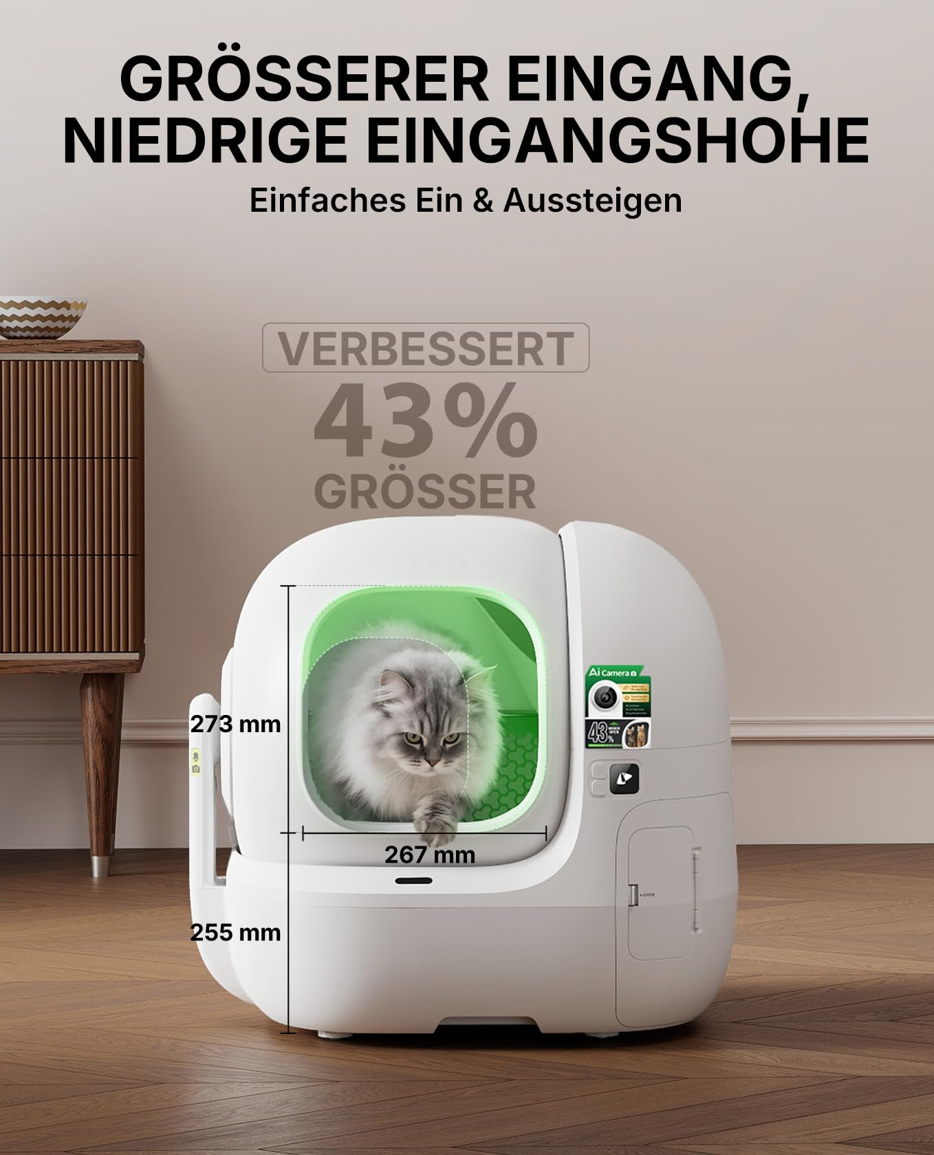 Selbstreinigende Katzentoilette PUROBOT Max Pro 2 mit KI-Kamera und Mehrkatzen-Erkennung, für große Katzen
