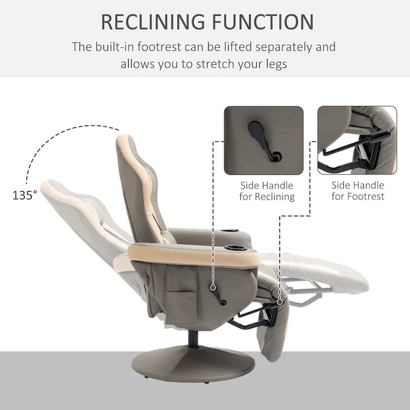 HOMCOM Manual Recliner Armchair PU Leather Lounge Chair w/ Adjustable Leg Rest, 135 Reclining Function, 360 Swivel, Cup Holder