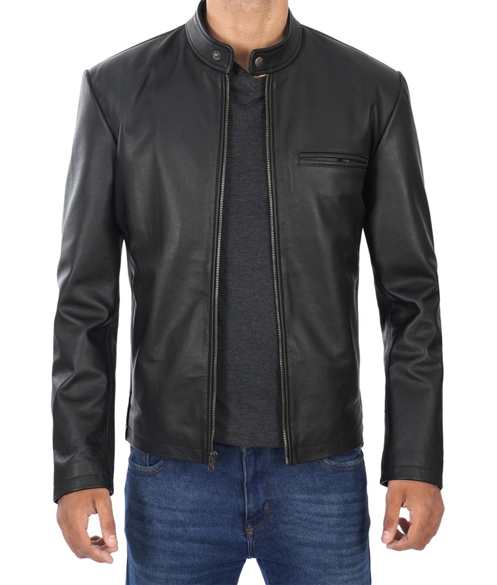 Mens Black Leather Cafe Racer Jacket