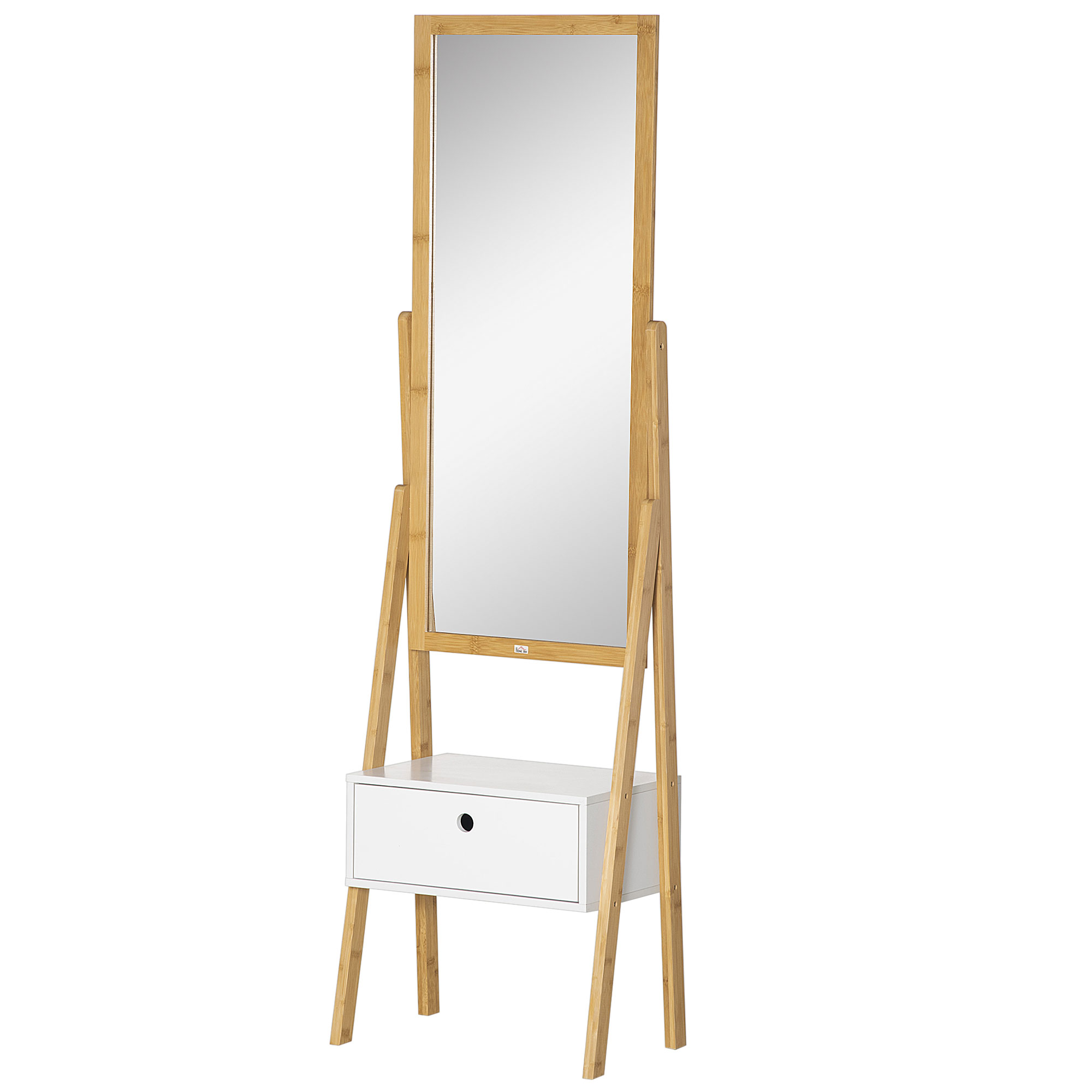 HOMCOM Freistehender Spiegel mit Schubladen-Aufbewahrung aus Bambus und MDF - Maße 45L x 30B x 160H cm - Weiß und Natur