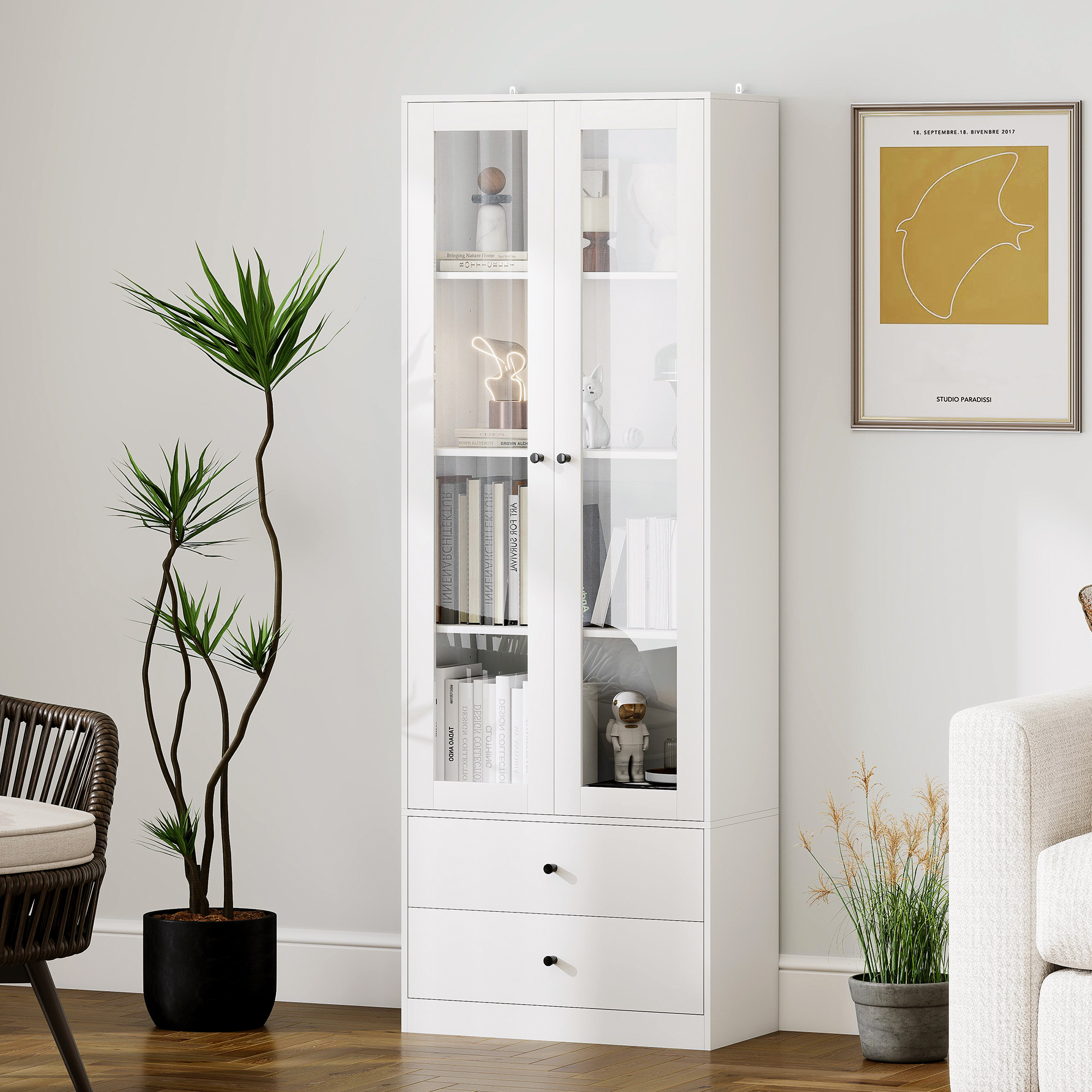 HOMCOM Kommode mit Schrank und 2 Schubladen, Glastüren und verstellbare Regale, 59x30x164 cm, Weiß