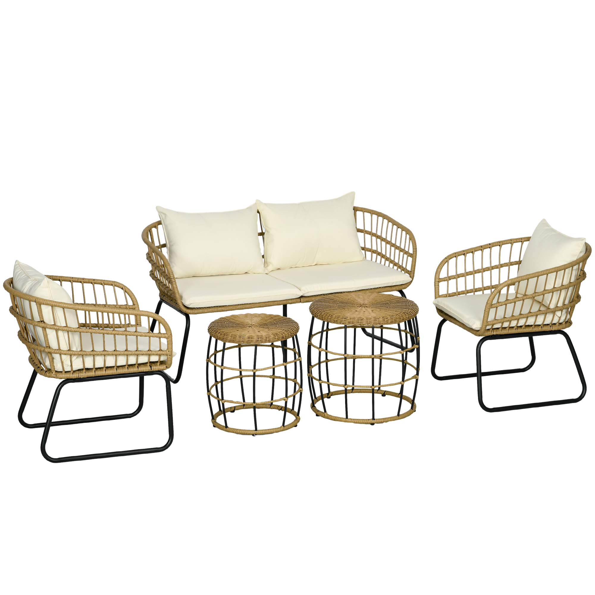 Outsunny Lounge-Set Rattan Zitgroep, Buitenmeubelset in Boho-stijl, 5-delig, 145 x 70 x 78 cm, Cr��me + Natuur + Zwart