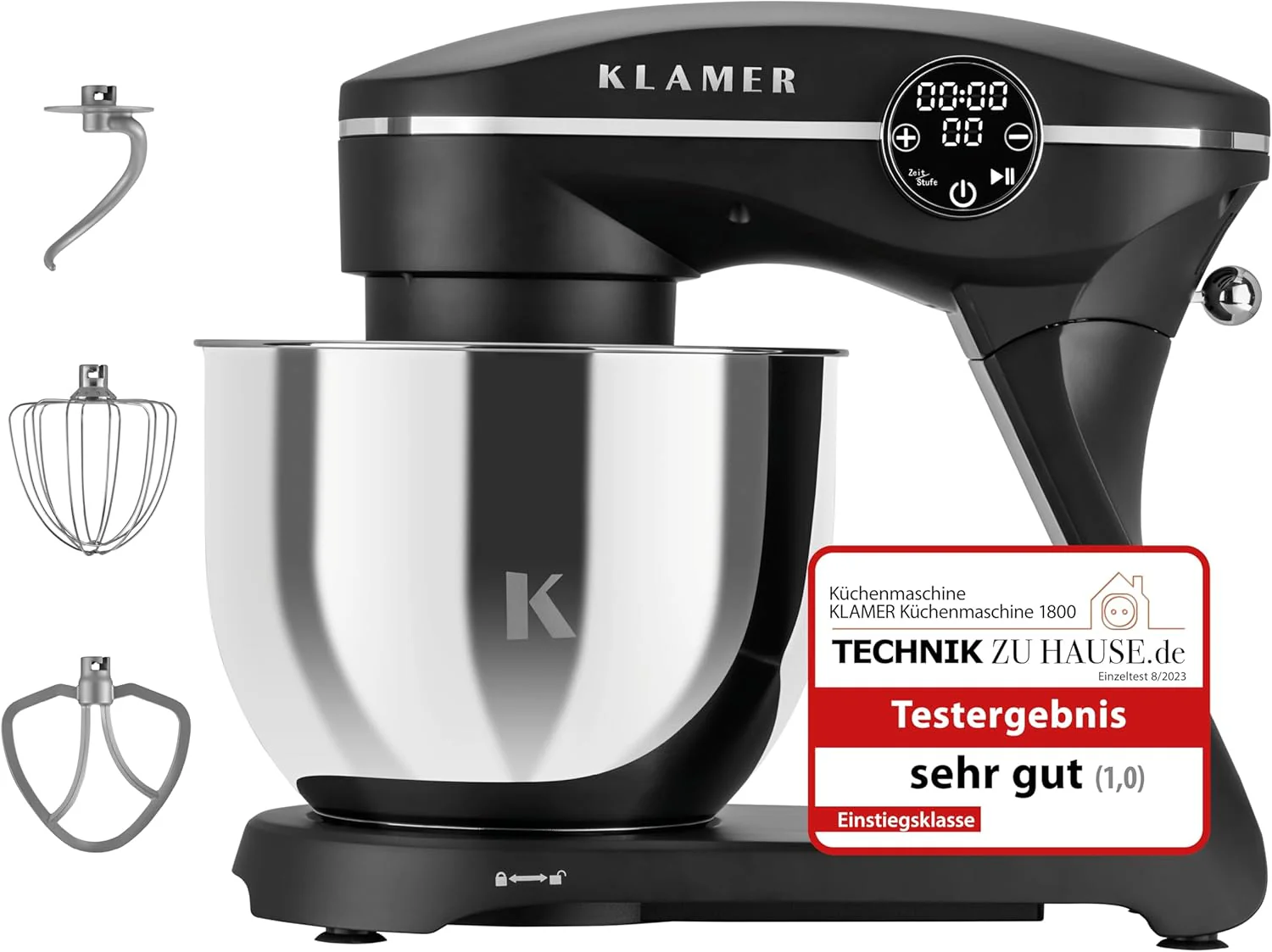 KLAMER Keukenmachine 1800W, Kneedmachine met 6 Liter RVS Kom, 10 Snelheidsstanden met Timer, Klopper, Deeghaak, Garde en Spatdeksel