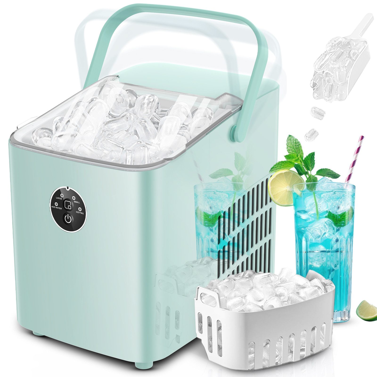 Eiswürfelmaschine Klein, 14kg/24h, 6 Min. Eis, 2 Bullet Ice Größen, selbstreinigend