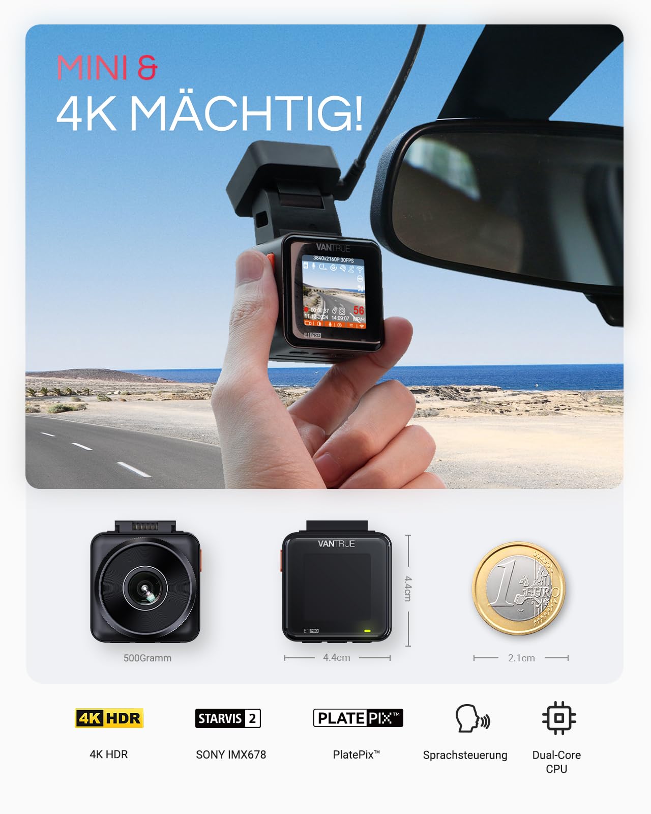 VANTRUE E1 Pro 4K HDR STARVIS 2 Front Dashcam fürs Auto Mini Dashcam mit CPL Polarisationsfilter
