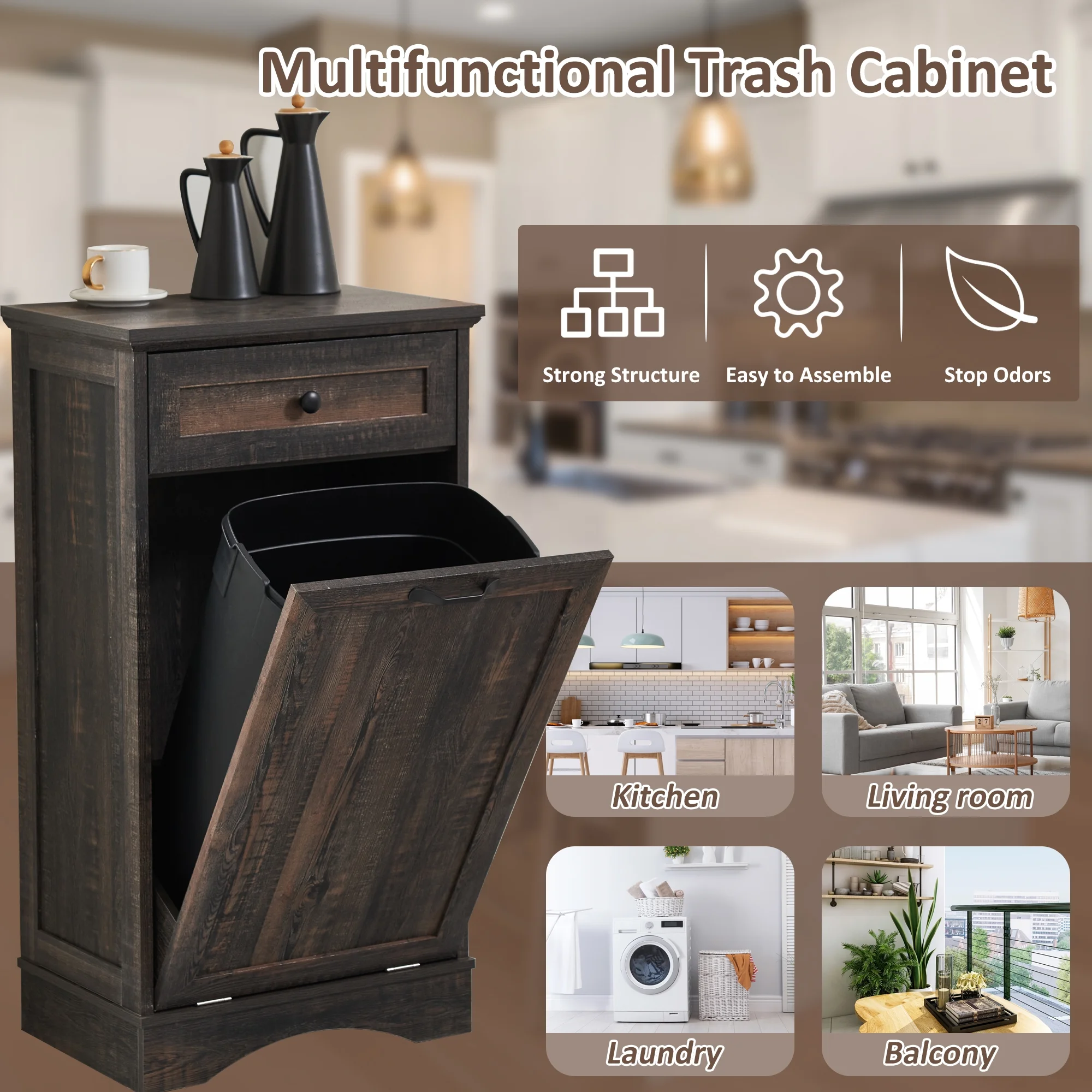 HARIPUL Single Tilt Out Trash Cabinet for 13 Gallon Waste Bin, Free Standing Kitchen Trash Can Cabinet with Drawers, White