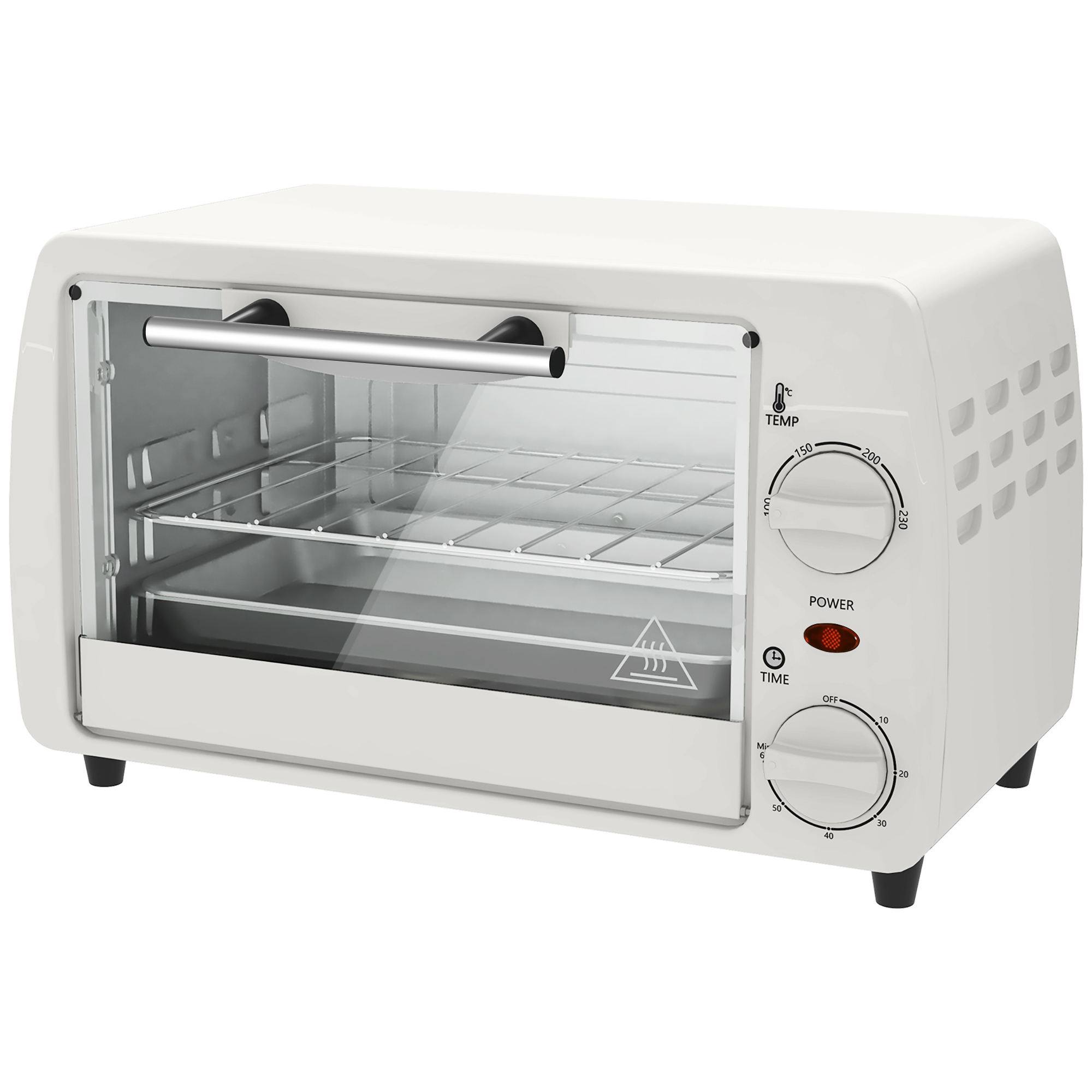HOMCOM Mini-Ofen Toasterofen, 1 Backblech, 1 Grilrost, 10 L Kapazität, Timer-Funktion, 36,5 cm x 26 cm x 22 cm, Cremeweiß
