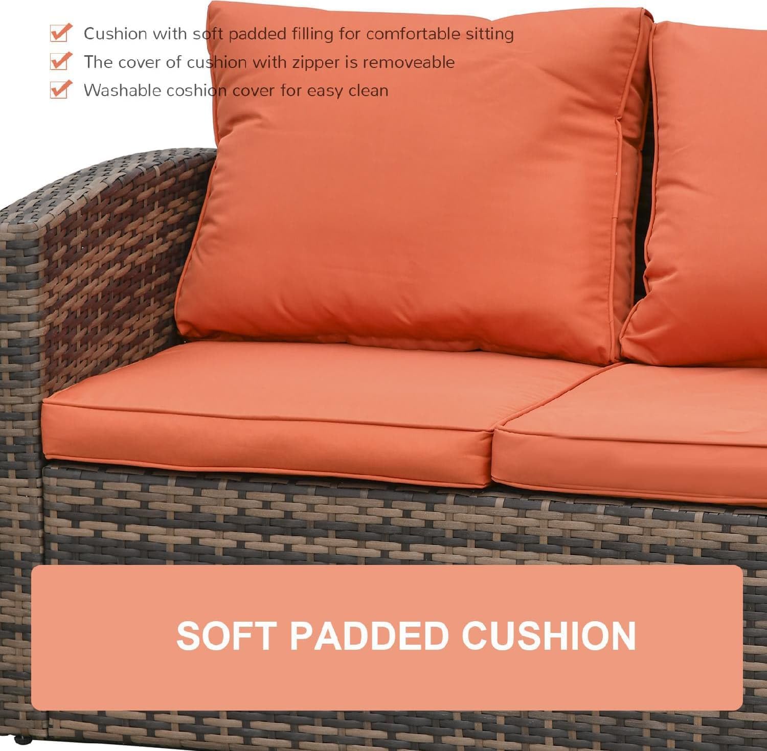 Salotto da Giardino Esterno Set Mobili 2 Divani 2 Poltrone e Tavolino con Cuscini in Rattan Pe Marrone Arancione