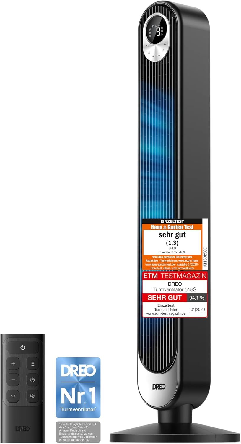 DREO DC Motor Turmventilator Leiser, 11M Windentfernung Ventilator mit Kühlung Fernbedienung, 9 Stufen 4 Modi, 90° Oszillierender Stand Ventilatoren für Schlafzimmer, Tower Fan mit 12H Timer